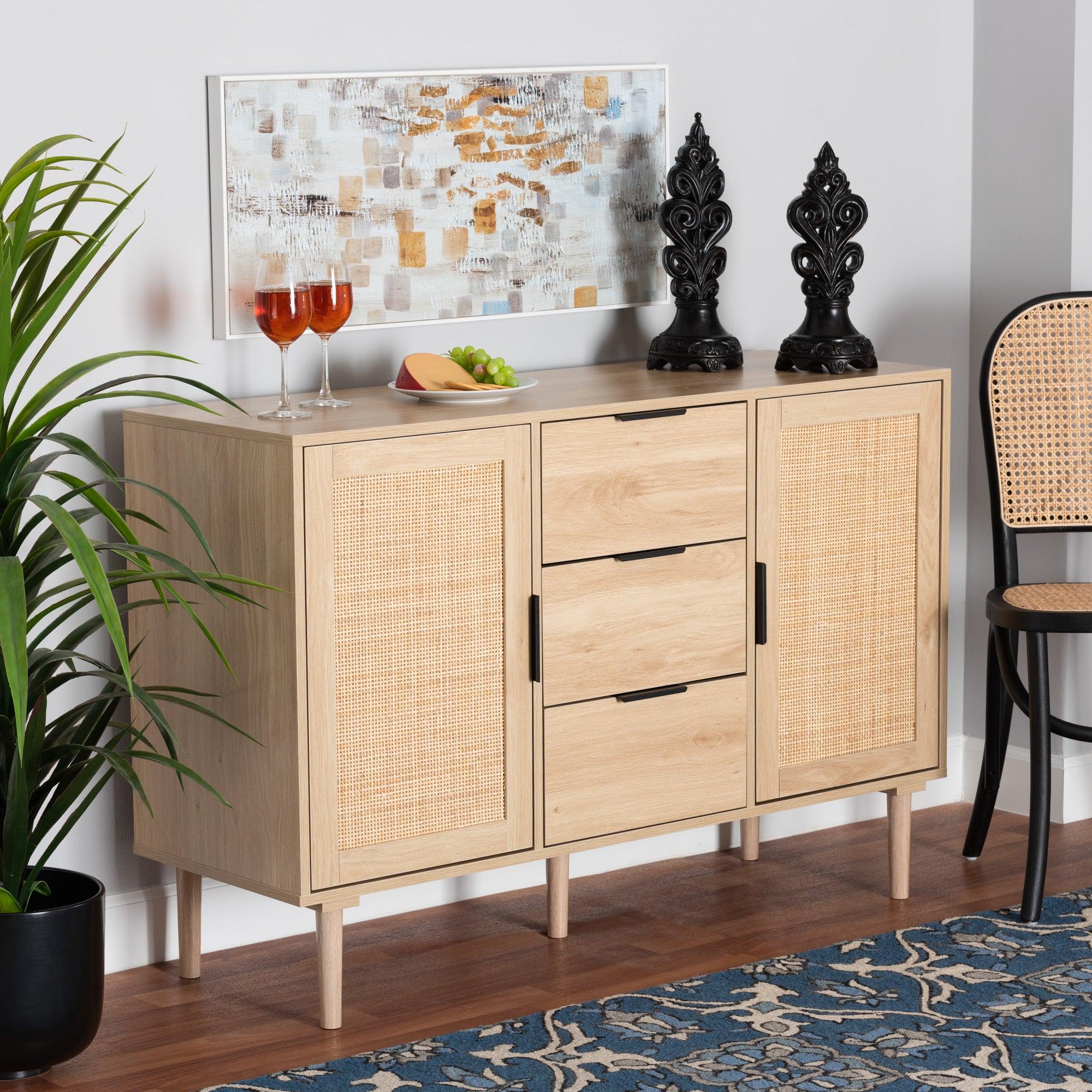 Harrison Mid-Century Modern Finished Wood and Rattan 3-Drawer Sideboard