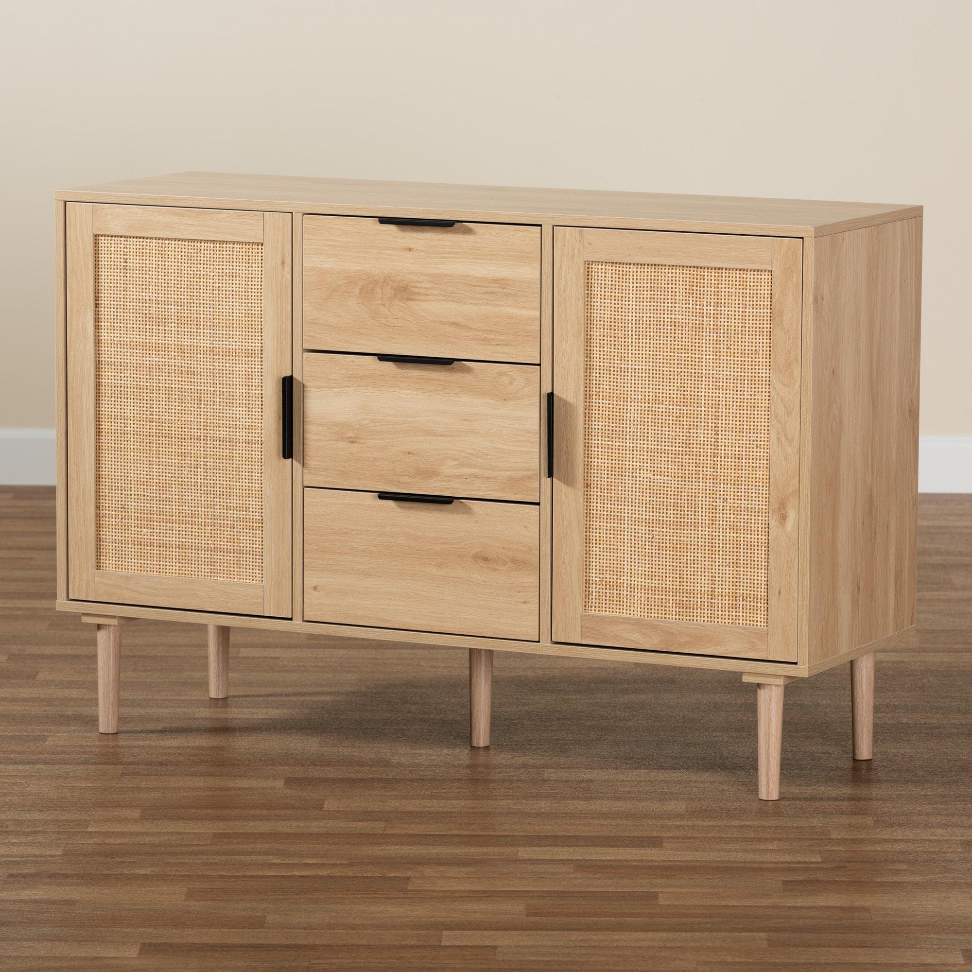 Harrison Mid-Century Modern Finished Wood and Rattan 3-Drawer Sideboard