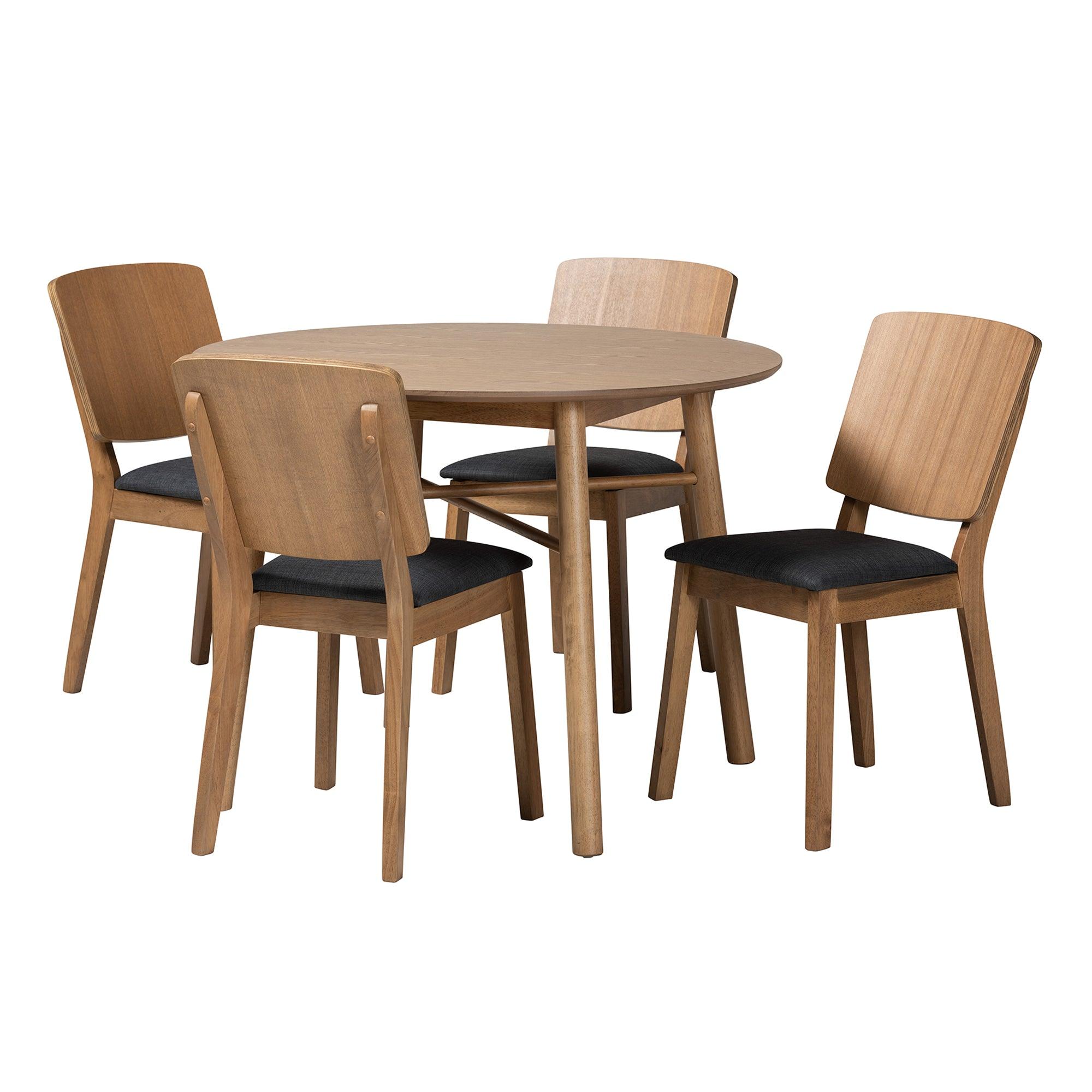 Denmark Mid-Century Modern Dark Fabric and French Finished Rubberwood 2-Piece Dining Chair Set