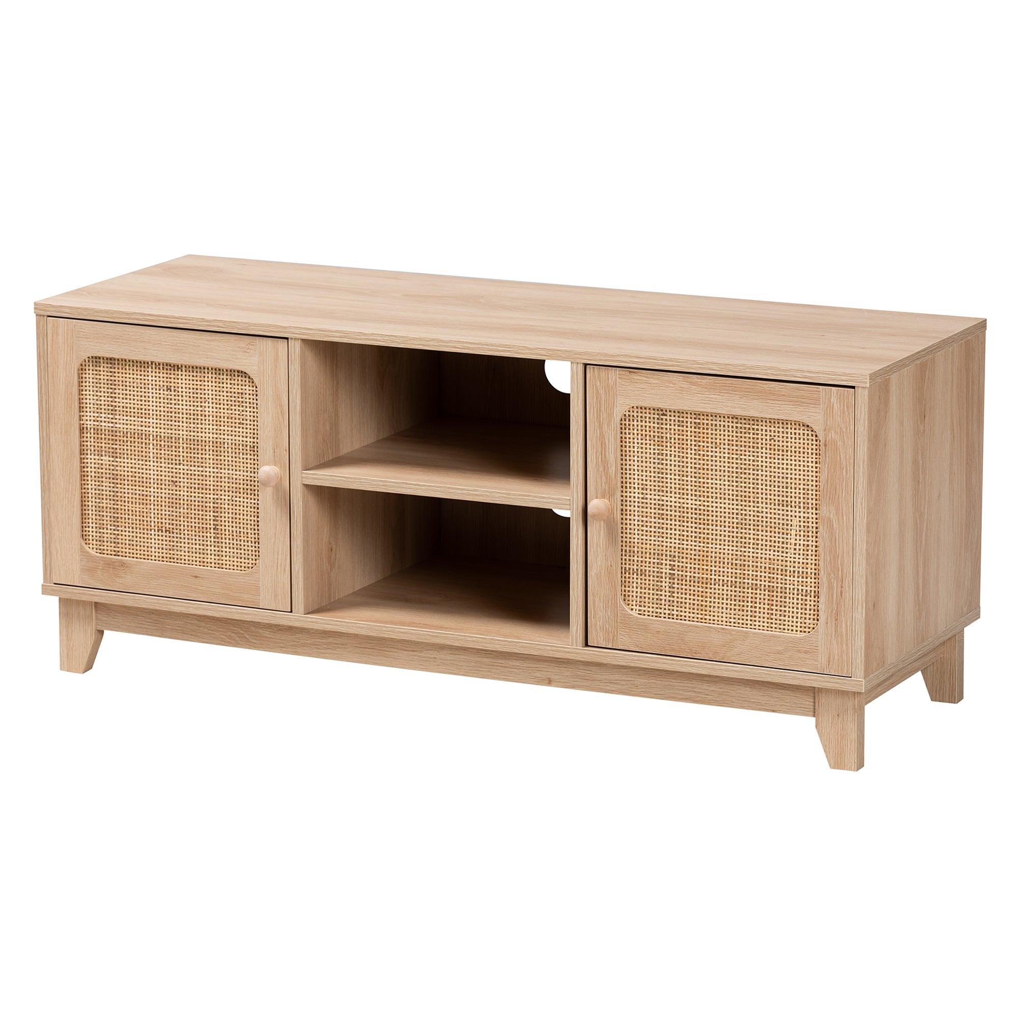 Elsbeth Mid-Century Modern Light Finished Wood and Rattan 2-Door TV Stand