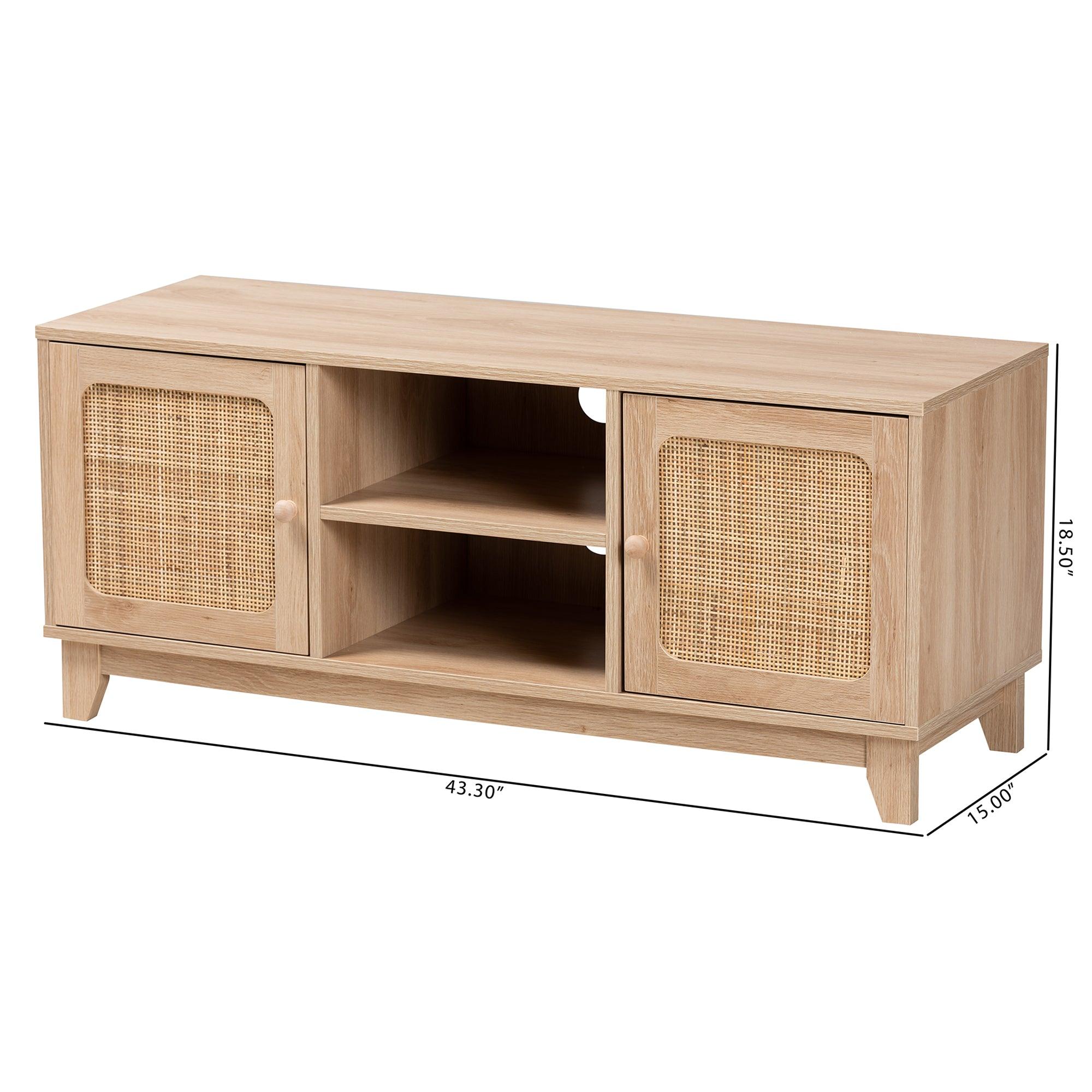 Elsbeth Mid-Century Modern Light Finished Wood and Rattan 2-Door TV Stand