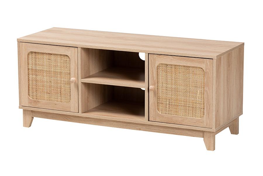 Elsbeth Mid-Century Modern Light Finished Wood and Rattan 2-Door TV Stand