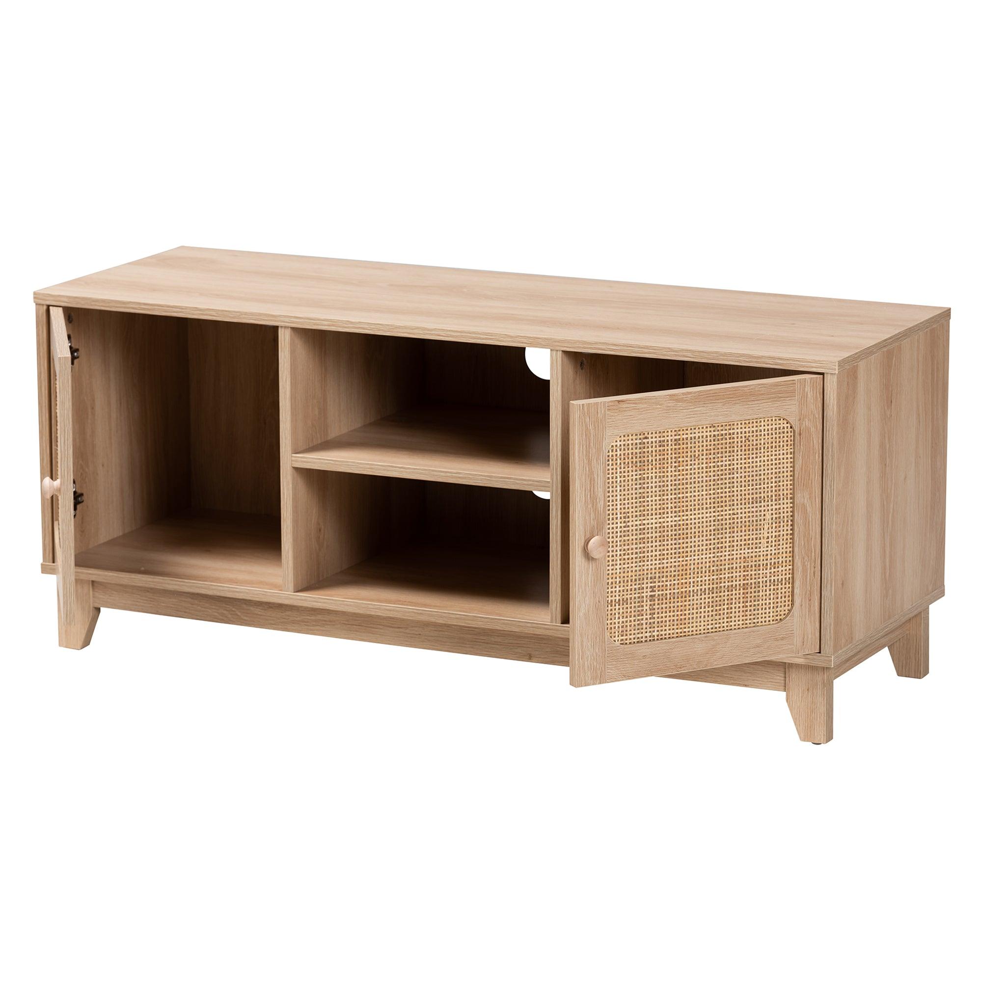 Elsbeth Mid-Century Modern Light Finished Wood and Rattan 2-Door TV Stand