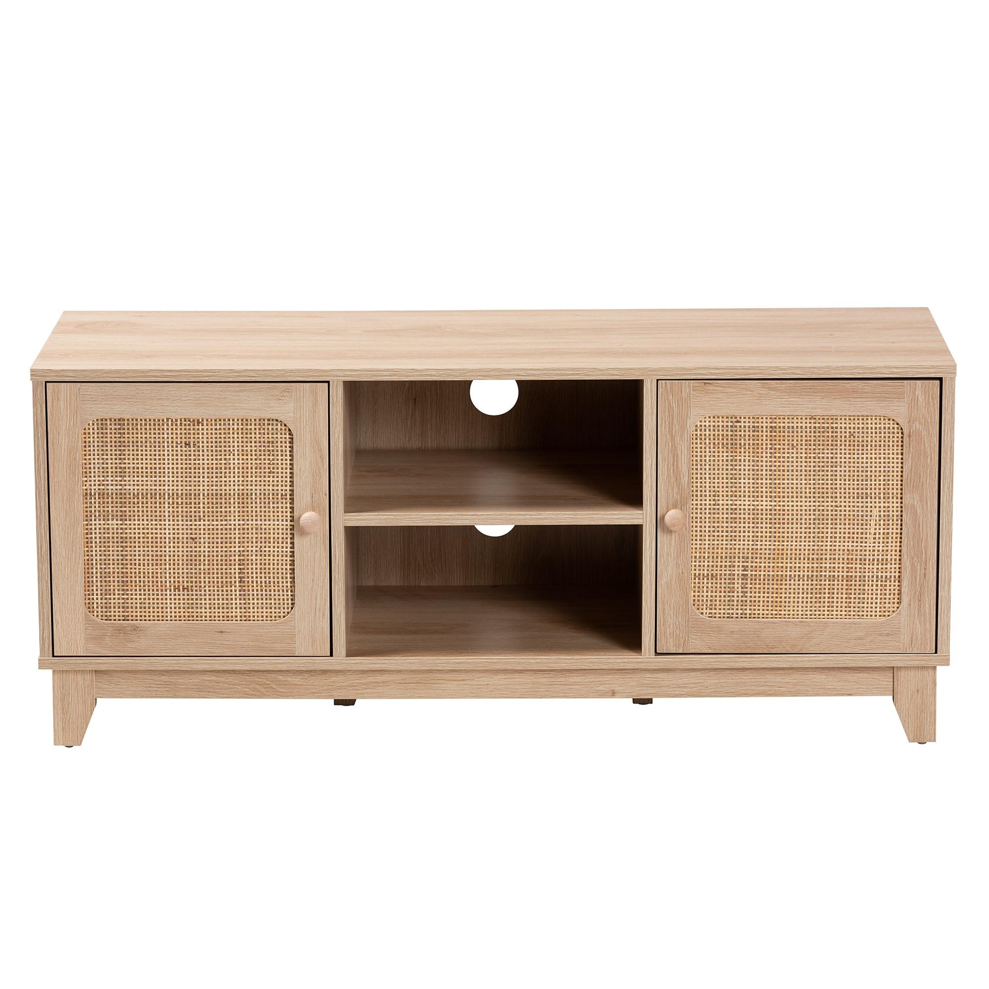 Elsbeth Mid-Century Modern Light Finished Wood and Rattan 2-Door TV Stand