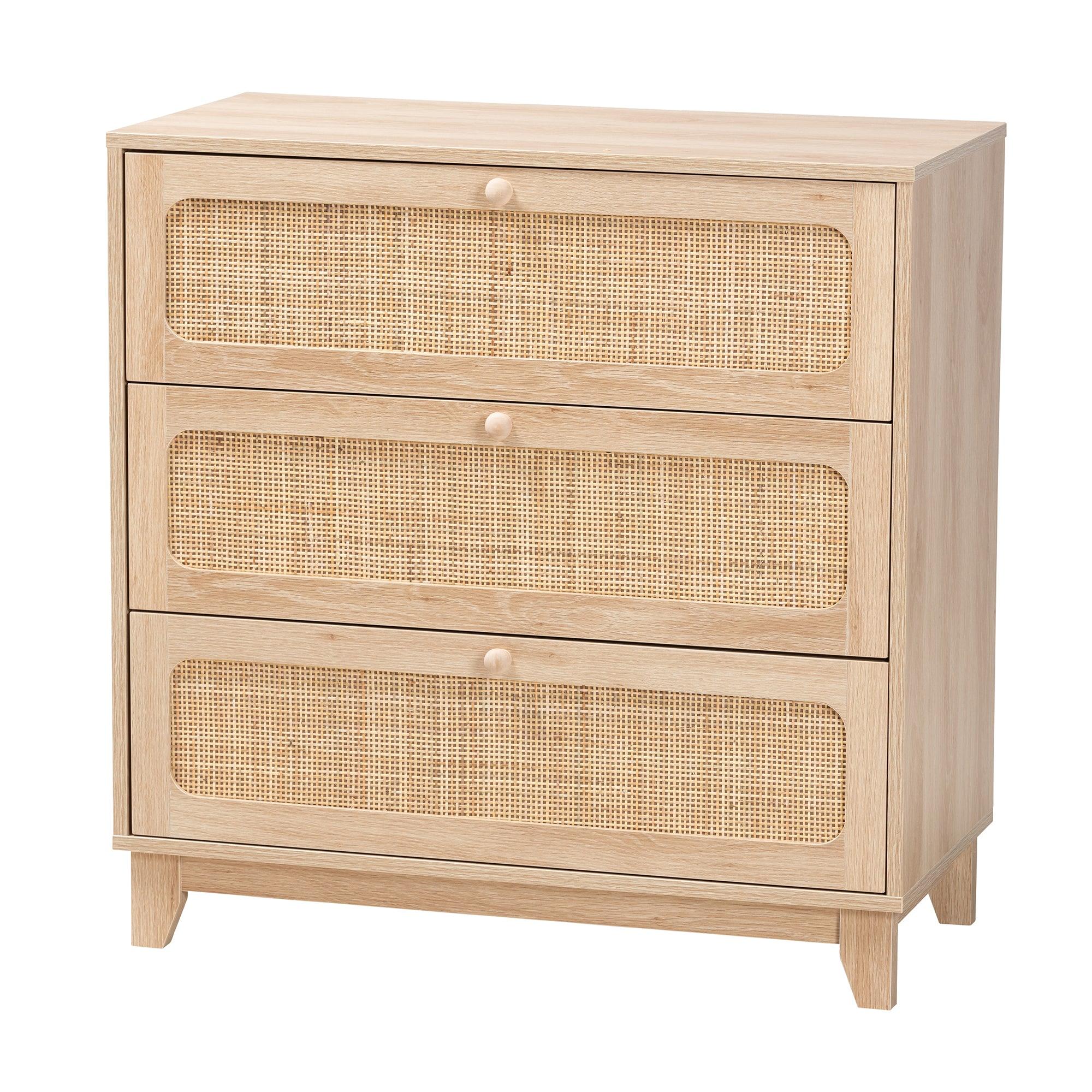 Elsbeth Japandi Finished Wood and Rattan 3-Drawer Storage Cabinet