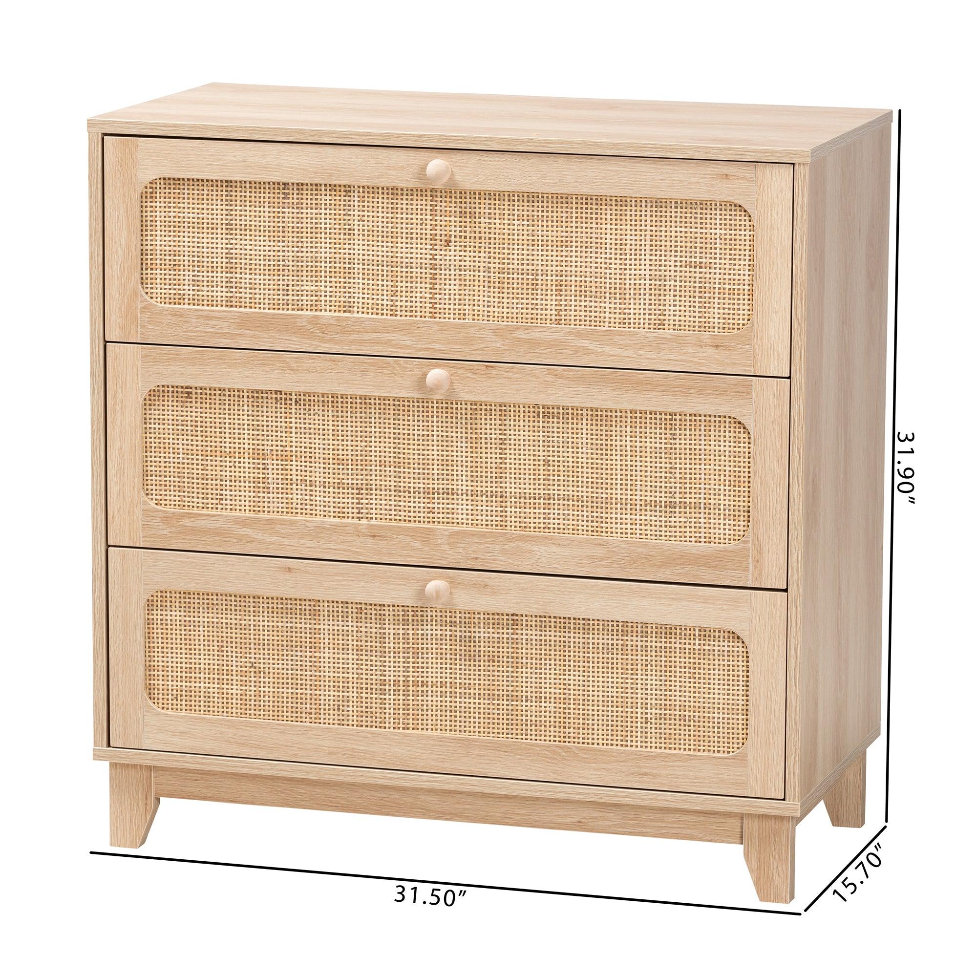 Elsbeth Japandi Finished Wood and Rattan 3-Drawer Storage Cabinet