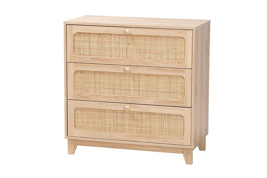 Elsbeth Japandi Finished Wood and Rattan 3-Drawer Storage Cabinet