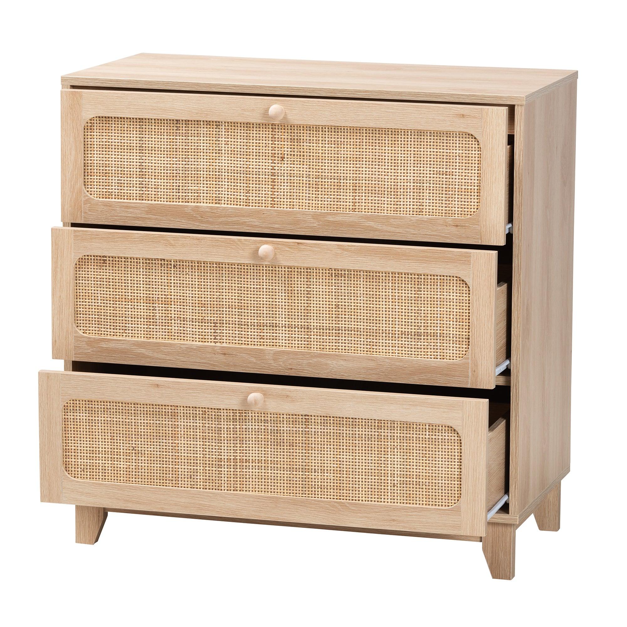 Elsbeth Japandi Finished Wood and Rattan 3-Drawer Storage Cabinet