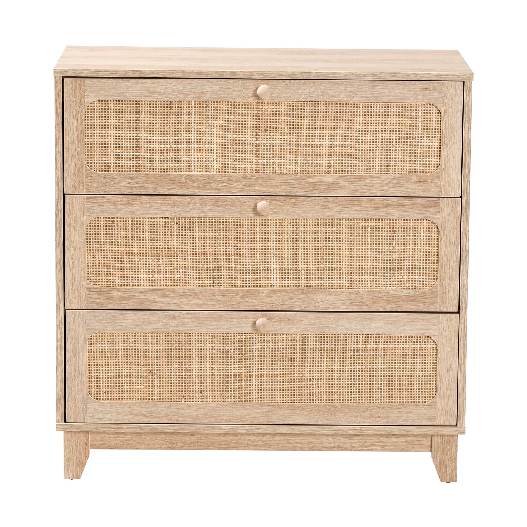 Elsbeth Japandi Finished Wood and Rattan 3-Drawer Storage Cabinet