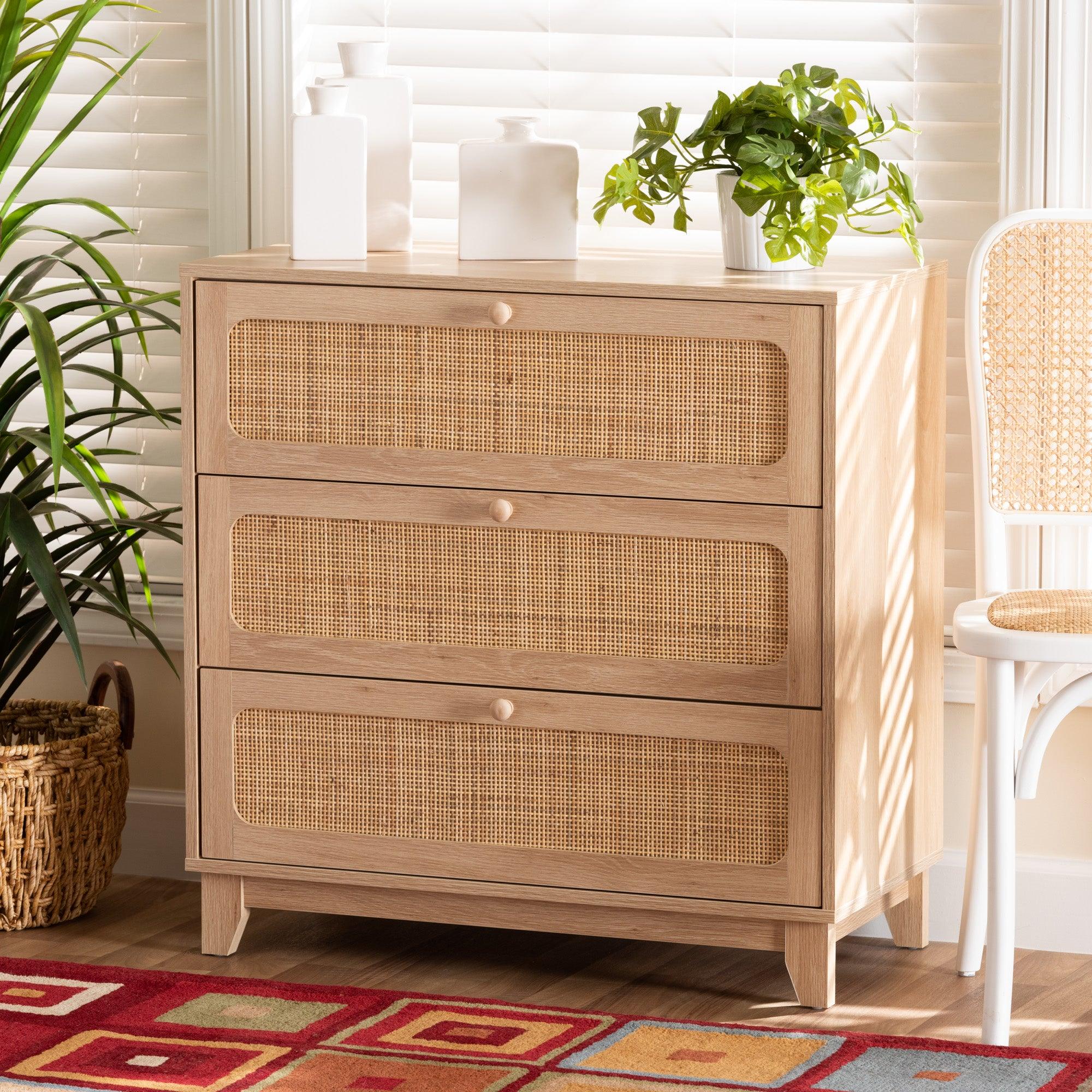 Elsbeth Japandi Finished Wood and Rattan 3-Drawer Storage Cabinet