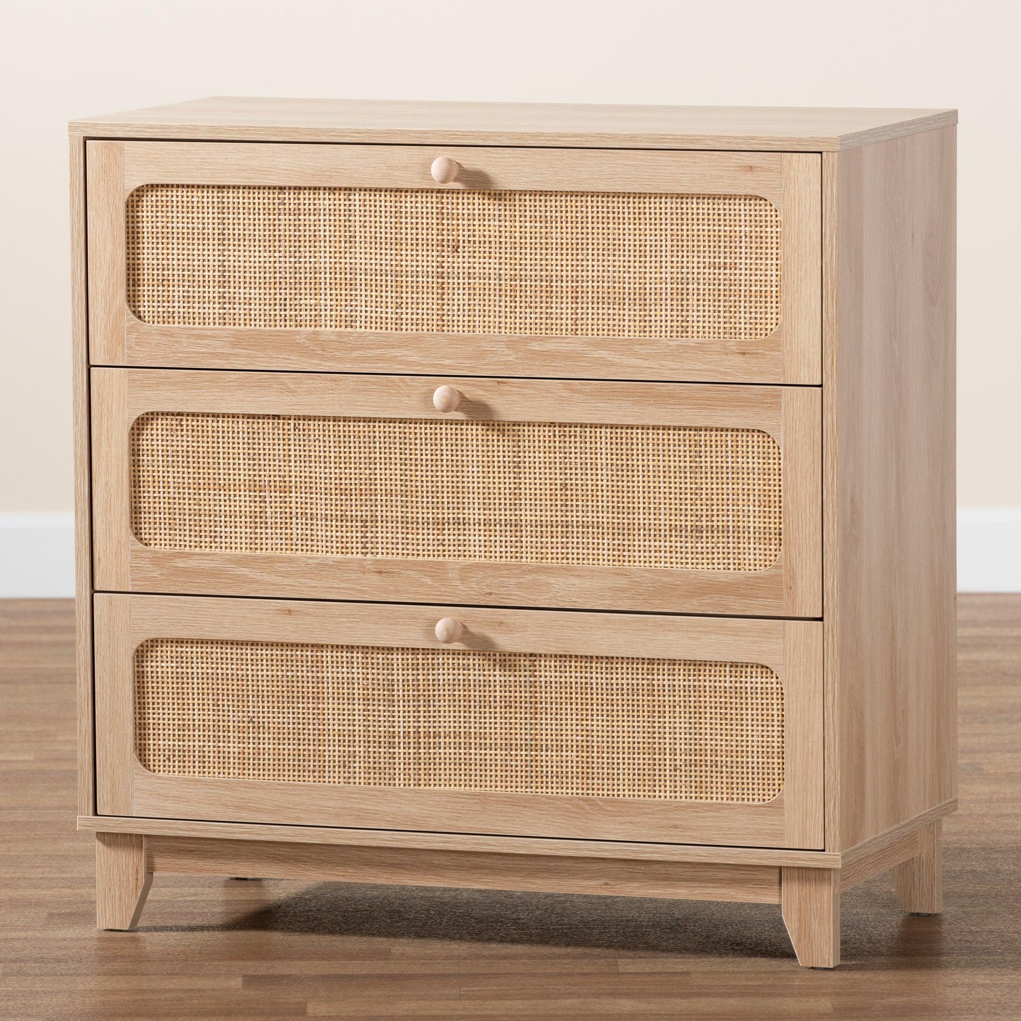 Elsbeth Japandi Finished Wood and Rattan 3-Drawer Storage Cabinet