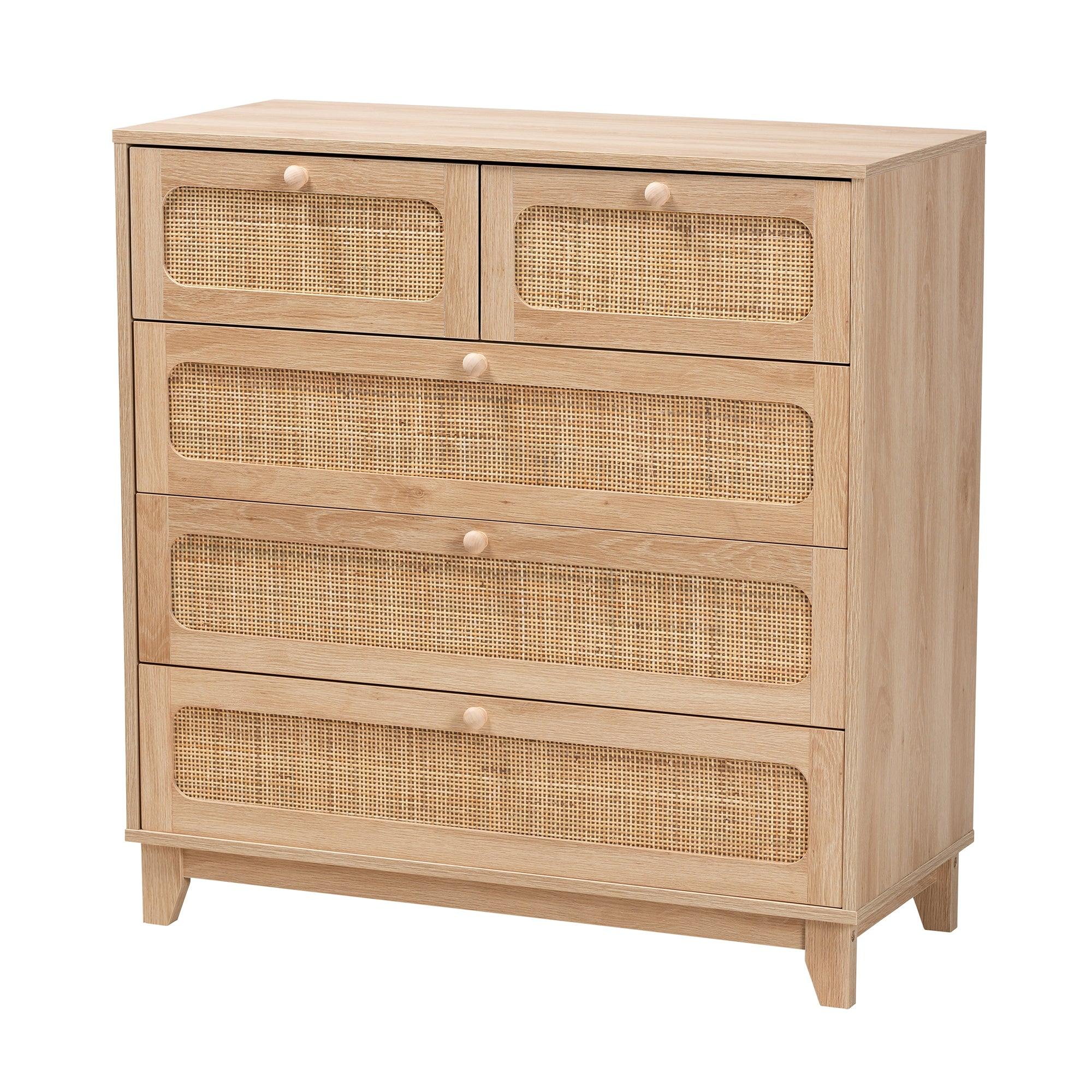 Elsbeth Mid-Century Modern Finished Wood and Rattan 5-Drawer Storage Cabinet