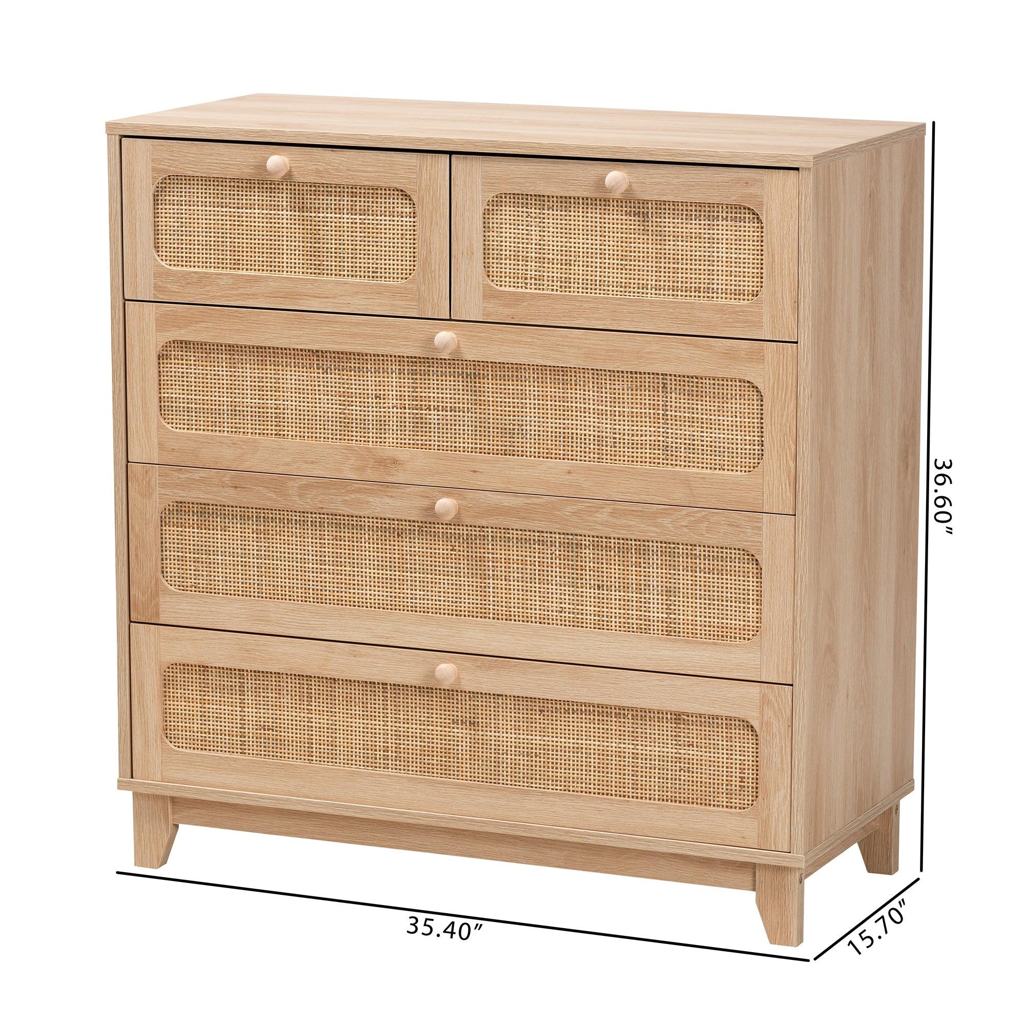 Elsbeth Mid-Century Modern Finished Wood and Rattan 5-Drawer Storage Cabinet