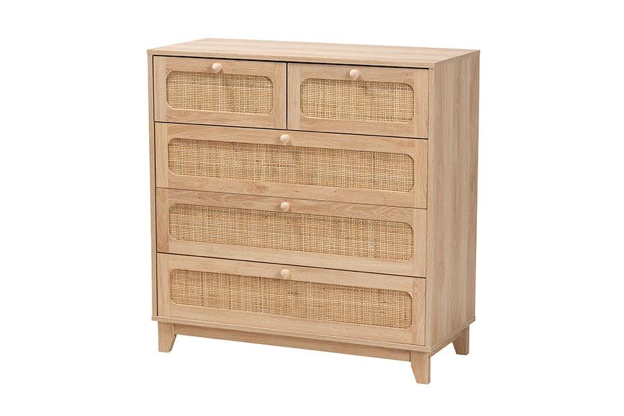 Elsbeth Mid-Century Modern Finished Wood and Rattan 5-Drawer Storage Cabinet