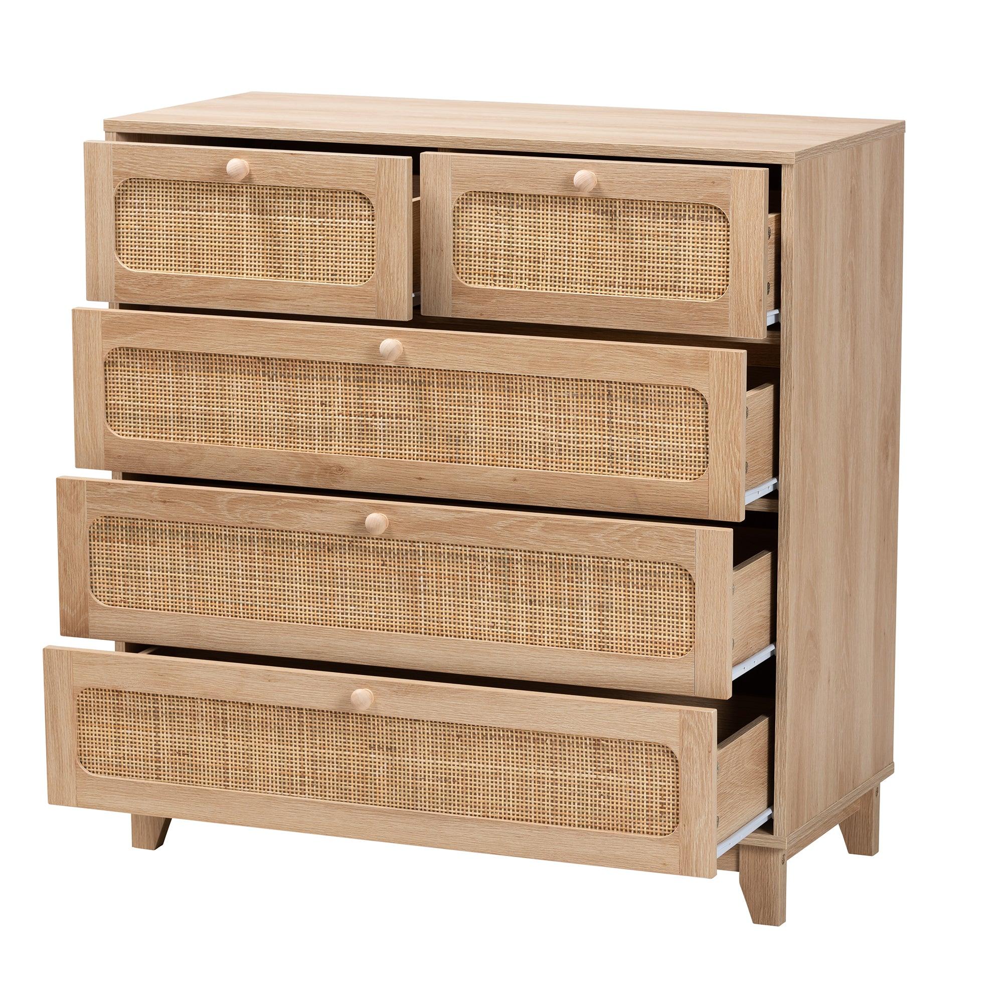 Elsbeth Mid-Century Modern Finished Wood and Rattan 5-Drawer Storage Cabinet