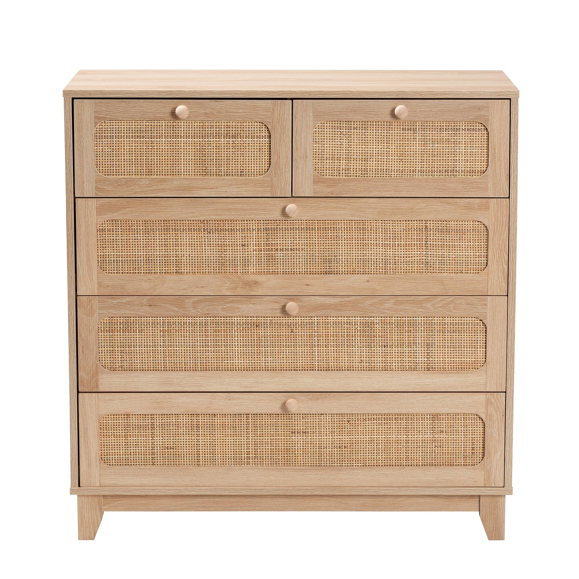 Elsbeth Mid-Century Modern Finished Wood and Rattan 5-Drawer Storage Cabinet