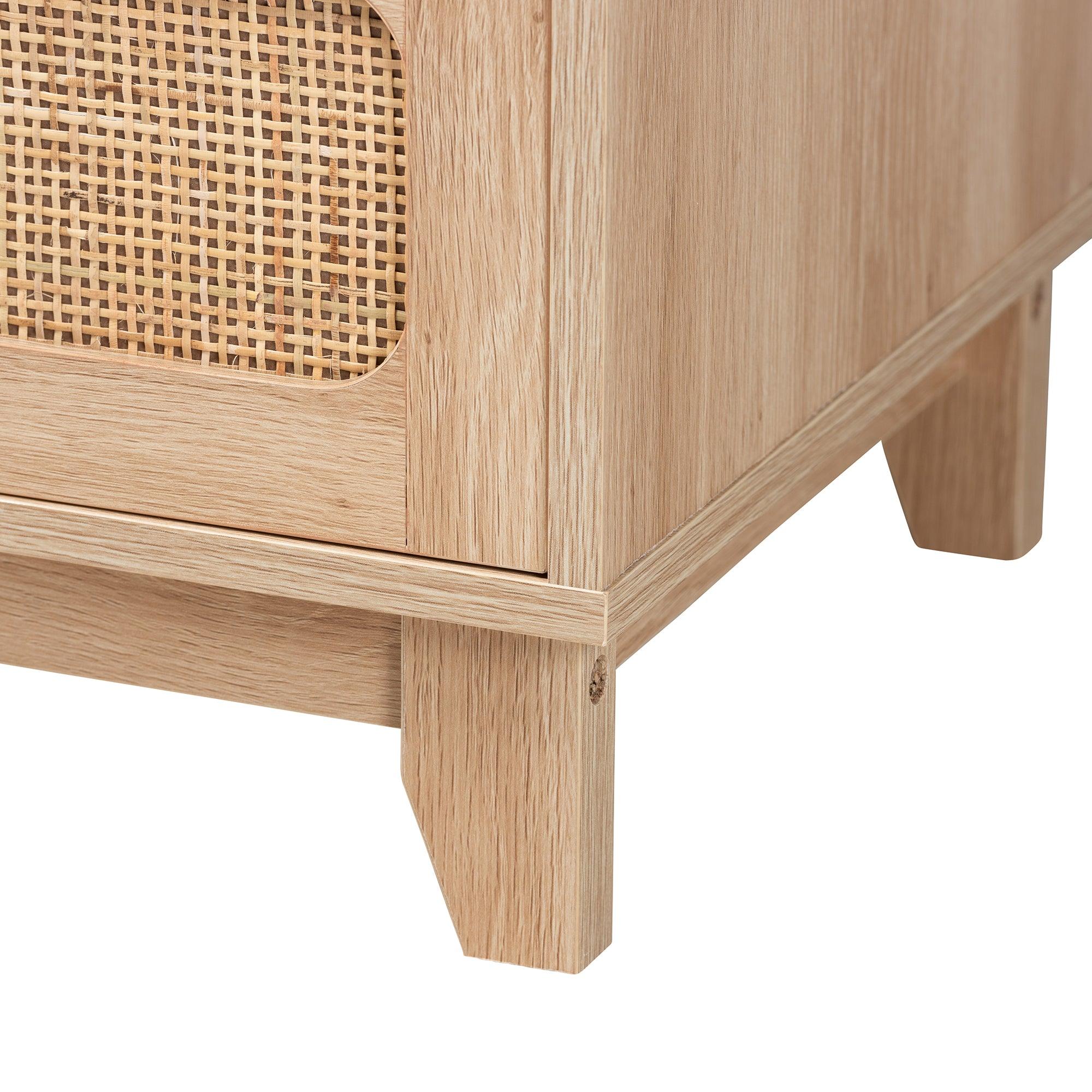 Elsbeth Mid-Century Modern Finished Wood and Rattan 5-Drawer Storage Cabinet