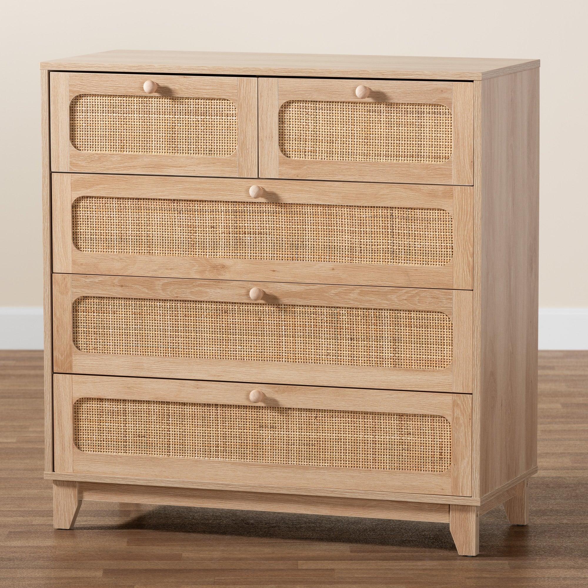 Elsbeth Mid-Century Modern Finished Wood and Rattan 5-Drawer Storage Cabinet