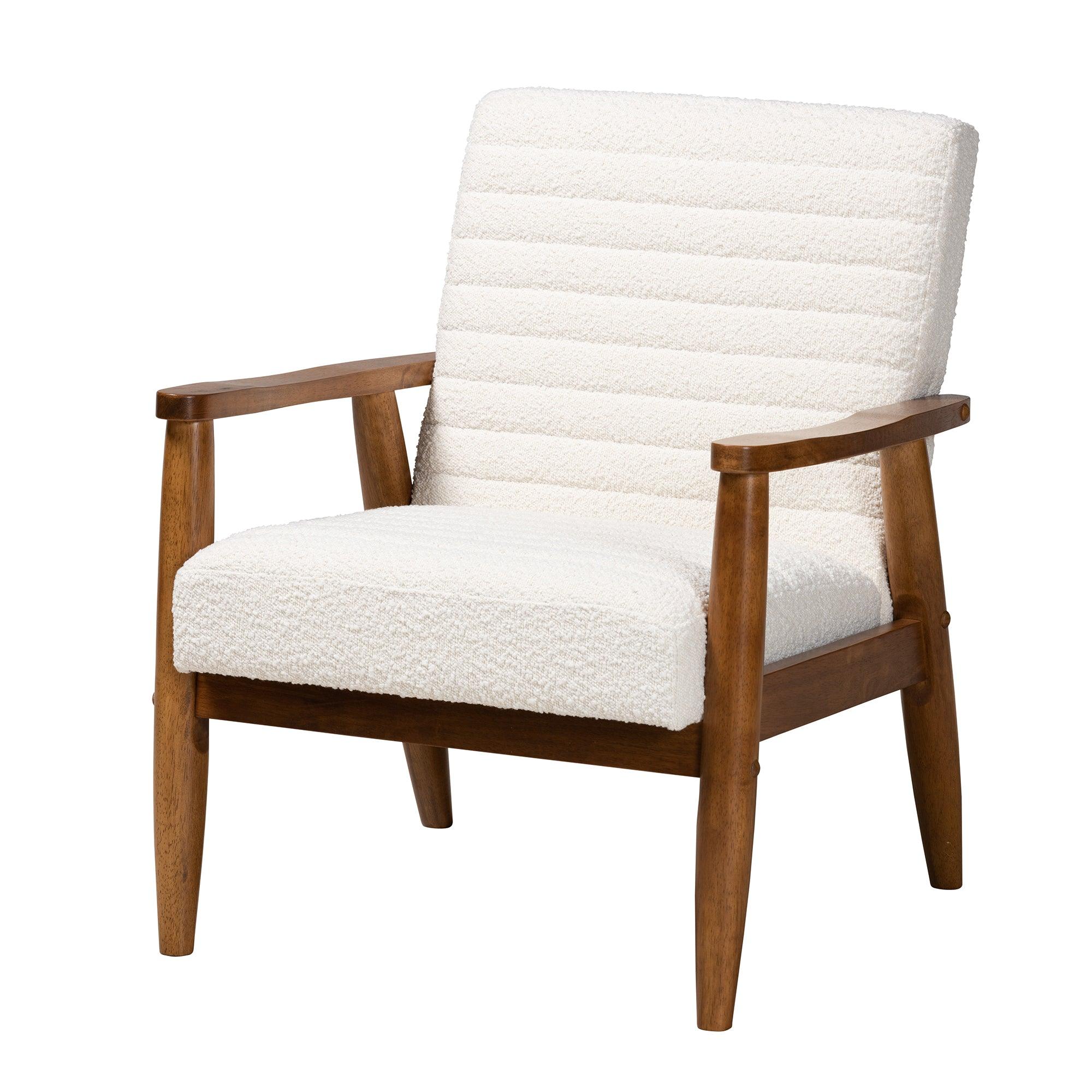 Stratton Mid-Century Modern Cream Boucle Fabric and Finished Wood Armchair