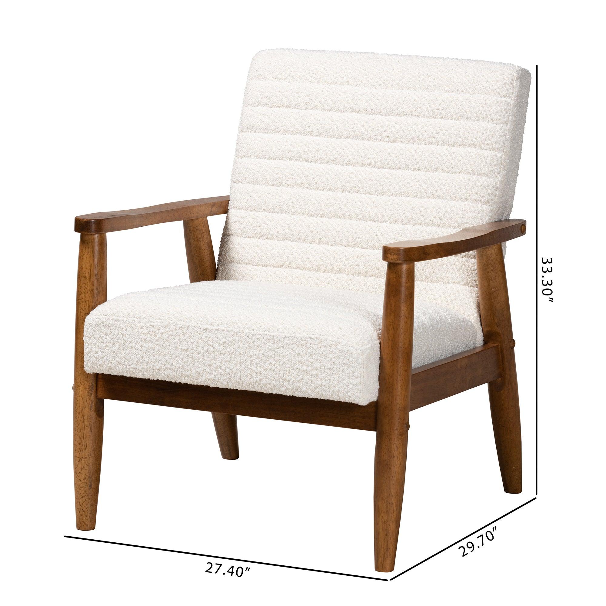 Stratton Mid-Century Modern Cream Boucle Fabric and Finished Wood Armchair