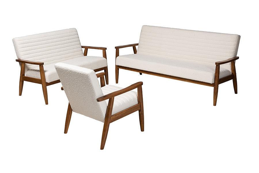 Stratton Mid-Century Modern Cream Boucle Fabric and Finished Wood 3-Piece Living Room Set