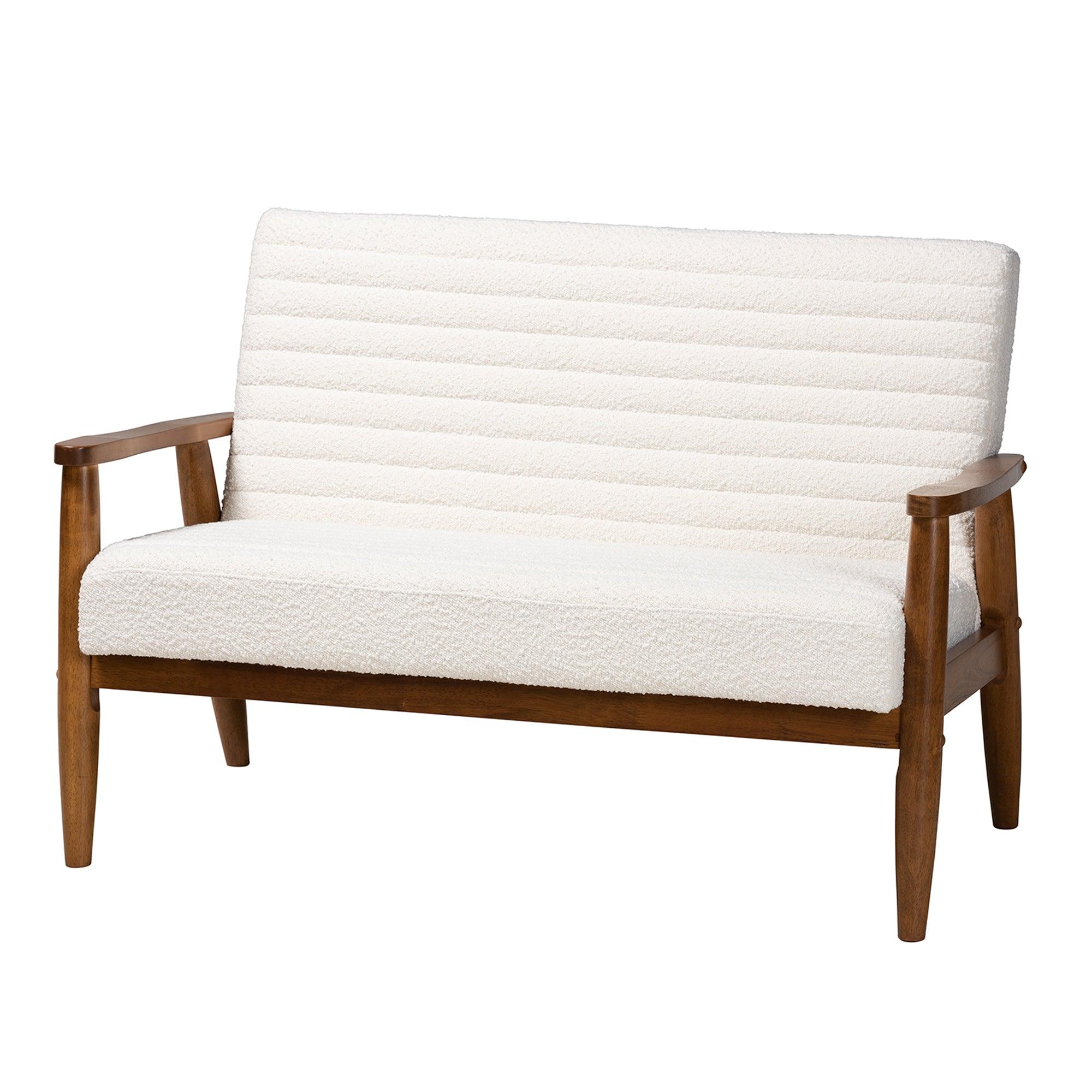 Stratton Mid-Century Modern Cream Boucle Fabric and Finished Wood 3-Piece Living Room Set