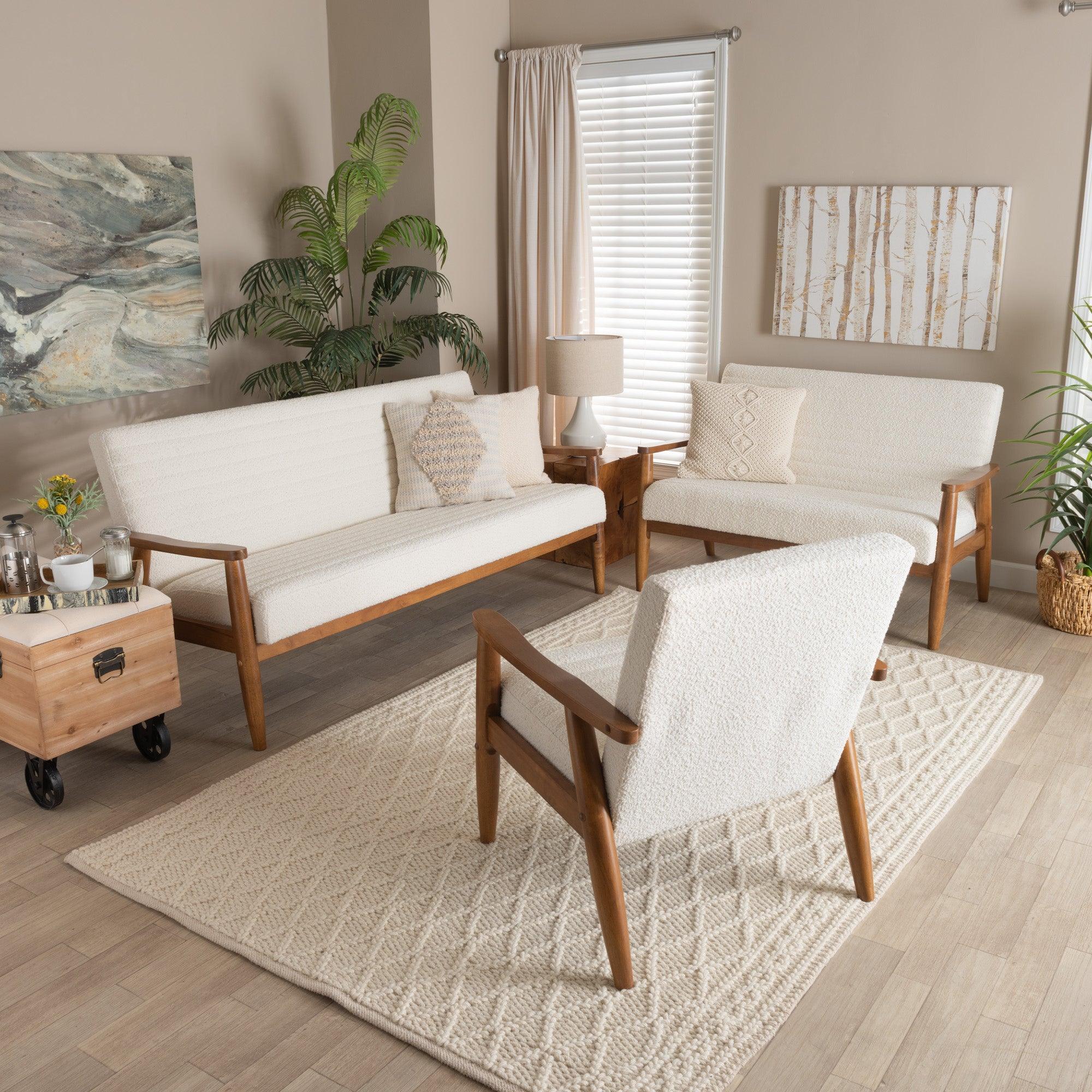 Stratton Mid-Century Modern Cream Boucle Fabric and Finished Wood 3-Piece Living Room Set