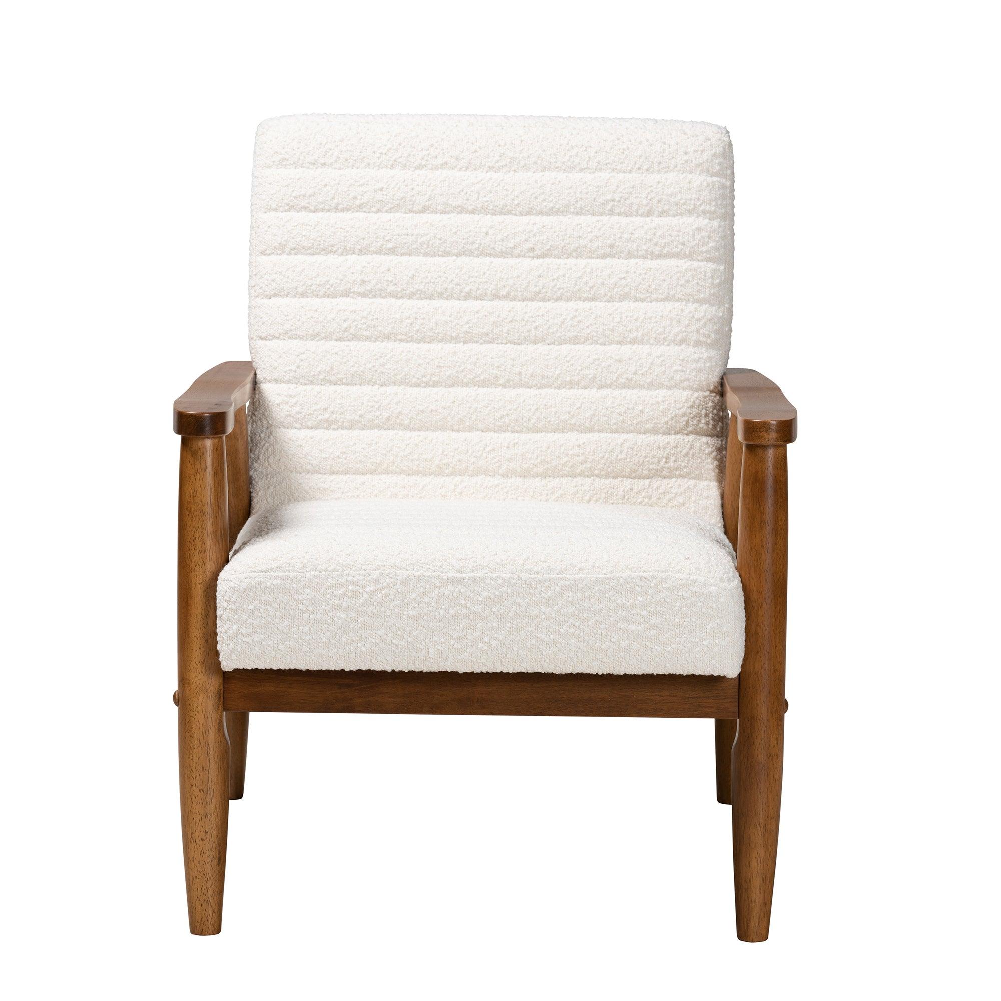 Stratton Mid-Century Modern Cream Boucle Fabric and Finished Wood Armchair