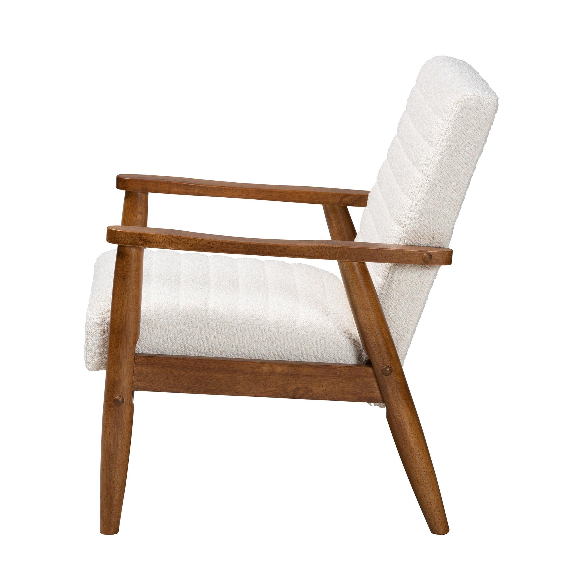 Stratton Mid-Century Modern Cream Boucle Fabric and Finished Wood Armchair