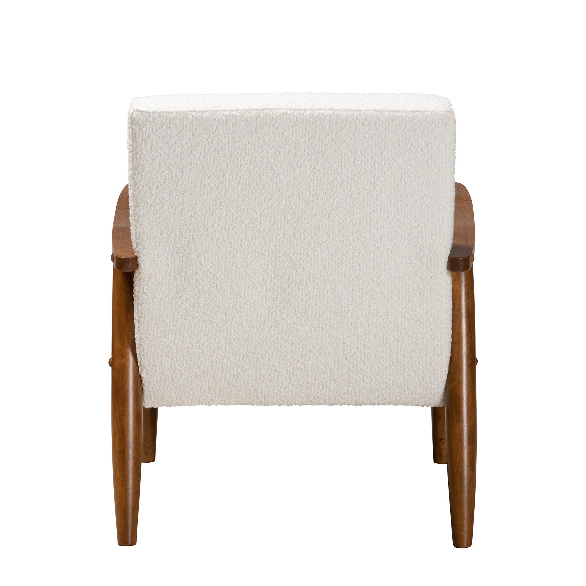 Stratton Mid-Century Modern Cream Boucle Fabric and Finished Wood Armchair