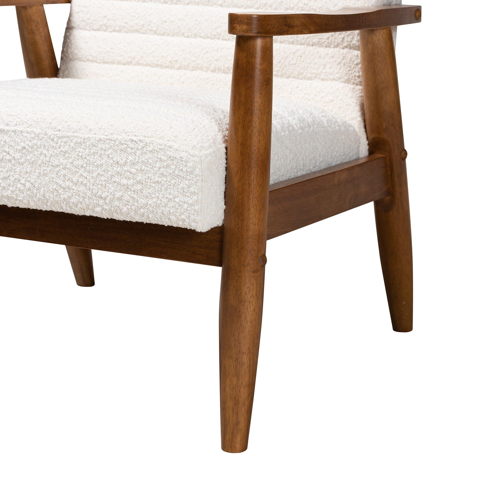 Stratton Mid-Century Modern Cream Boucle Fabric and Finished Wood Armchair