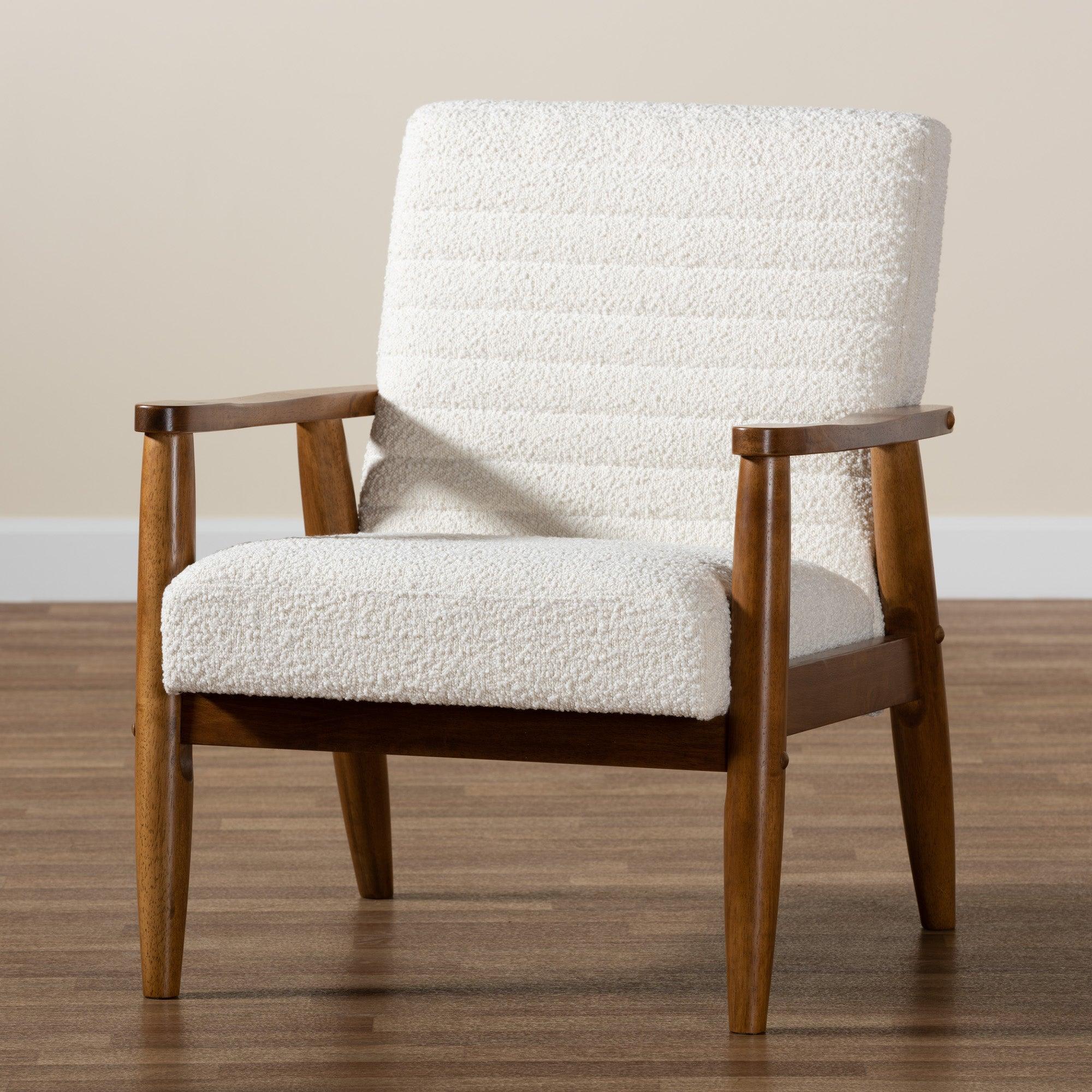 Stratton Mid-Century Modern Cream Boucle Fabric and Finished Wood Armchair