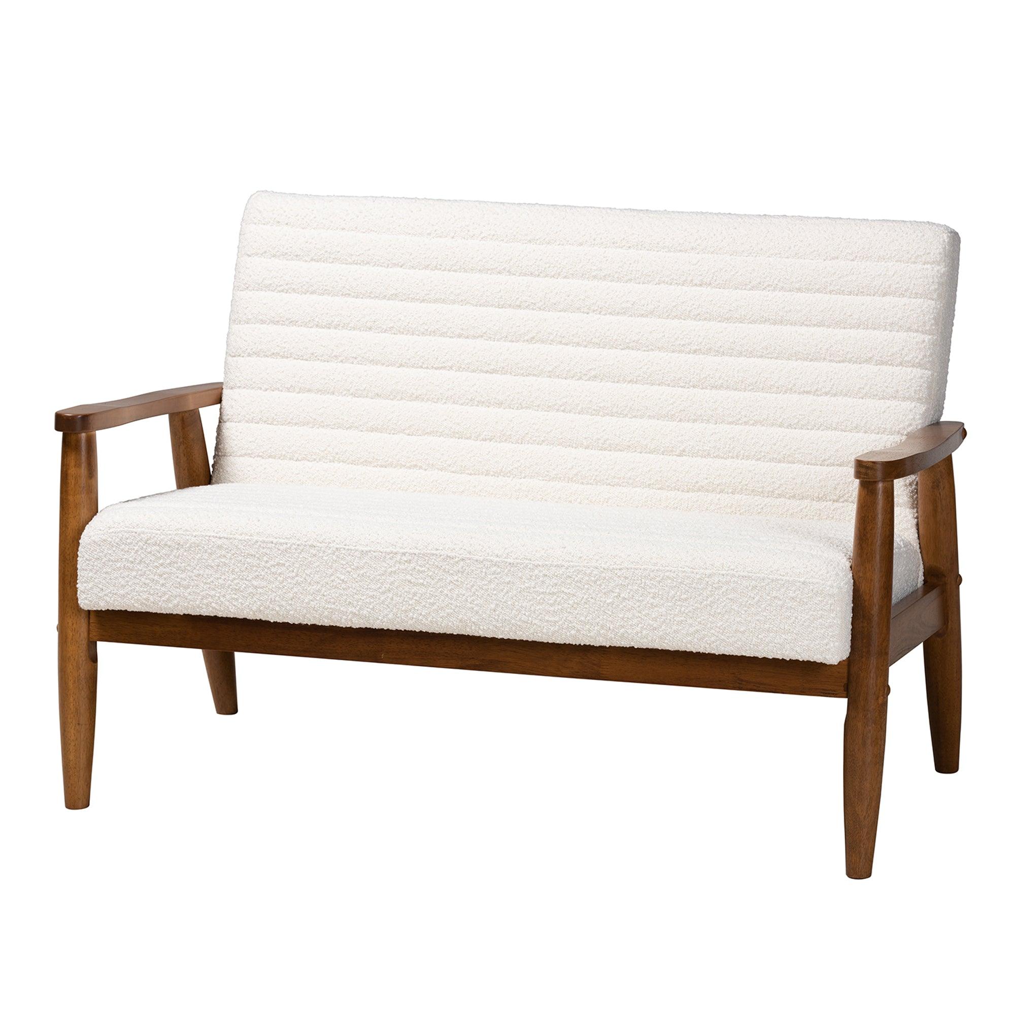 Stratton Mid-Century Modern Cream Boucle Fabric and Finished Wood Loveseat