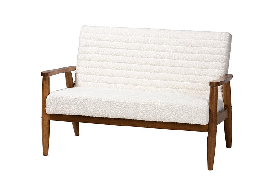 Stratton Mid-Century Modern Cream Boucle Fabric and Finished Wood Loveseat