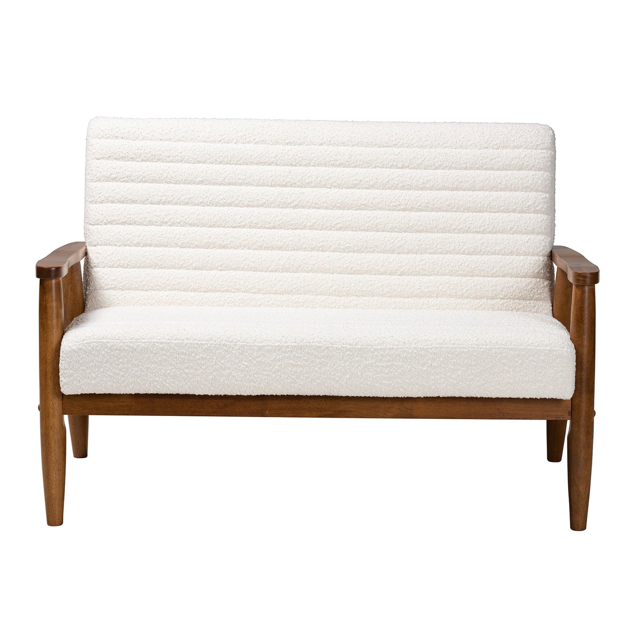 Stratton Mid-Century Modern Cream Boucle Fabric and Finished Wood Loveseat