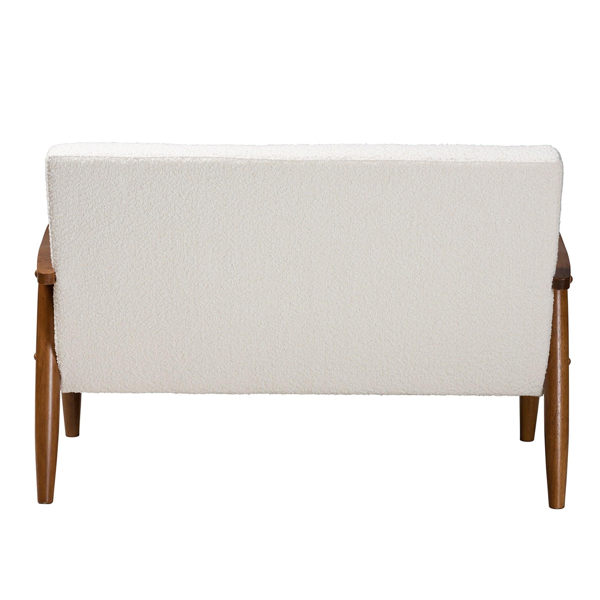 Stratton Mid-Century Modern Cream Boucle Fabric and Finished Wood Loveseat