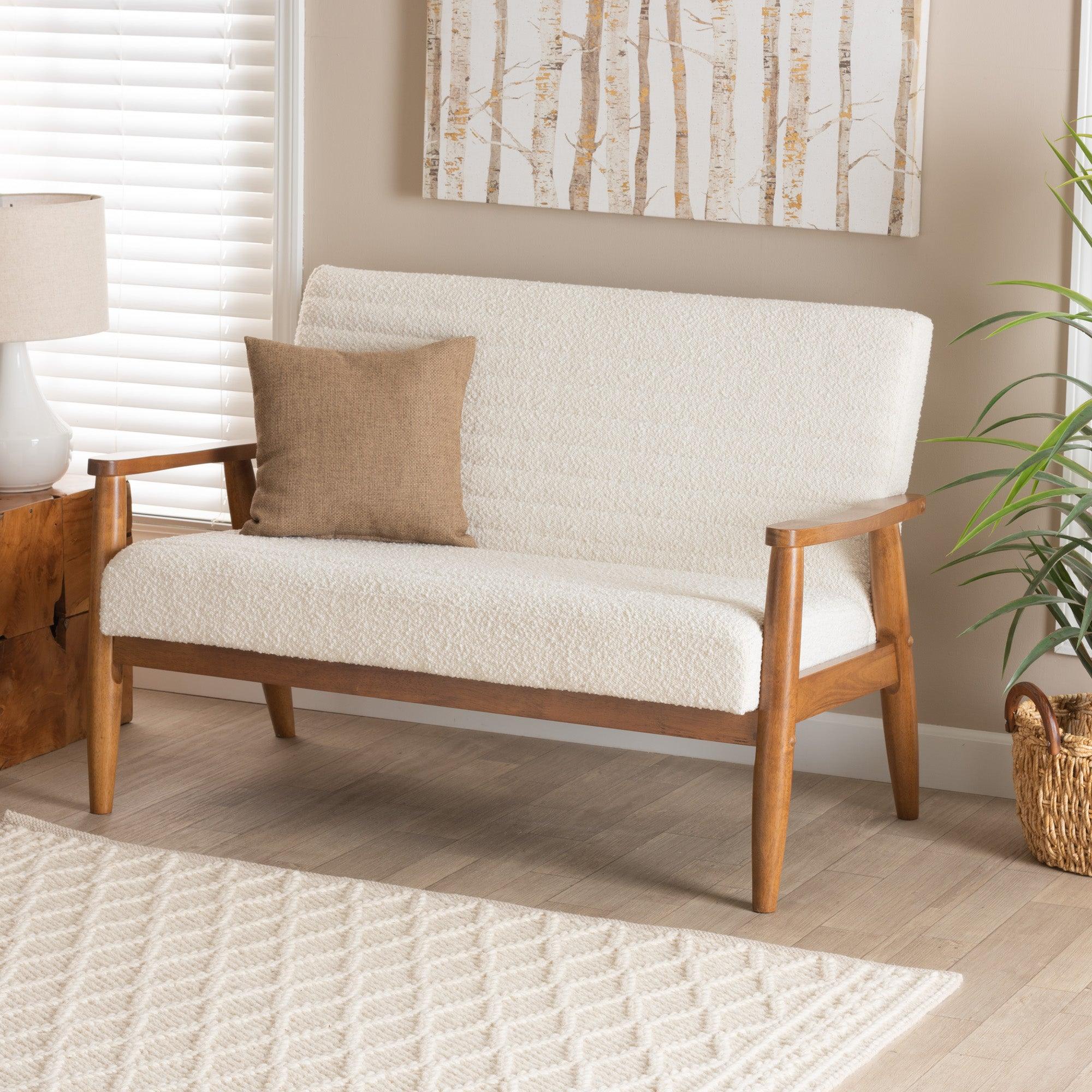 Stratton Mid-Century Modern Cream Boucle Fabric and Finished Wood Loveseat