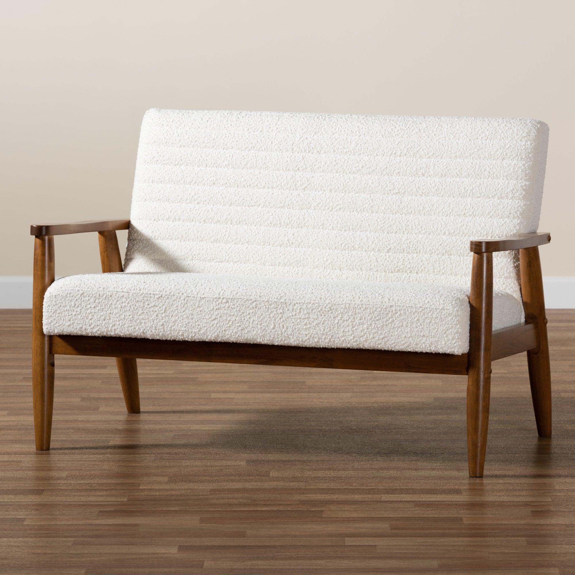 Stratton Mid-Century Modern Cream Boucle Fabric and Finished Wood Loveseat