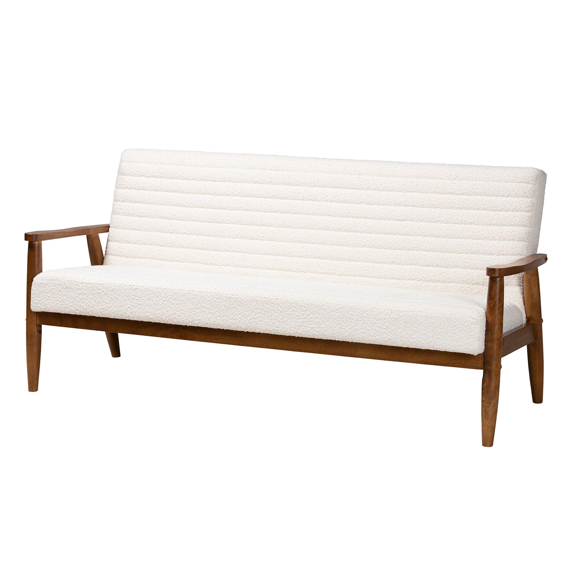 Stratton Mid-Century Modern Cream Boucle Fabric and Finished Wood Sofa