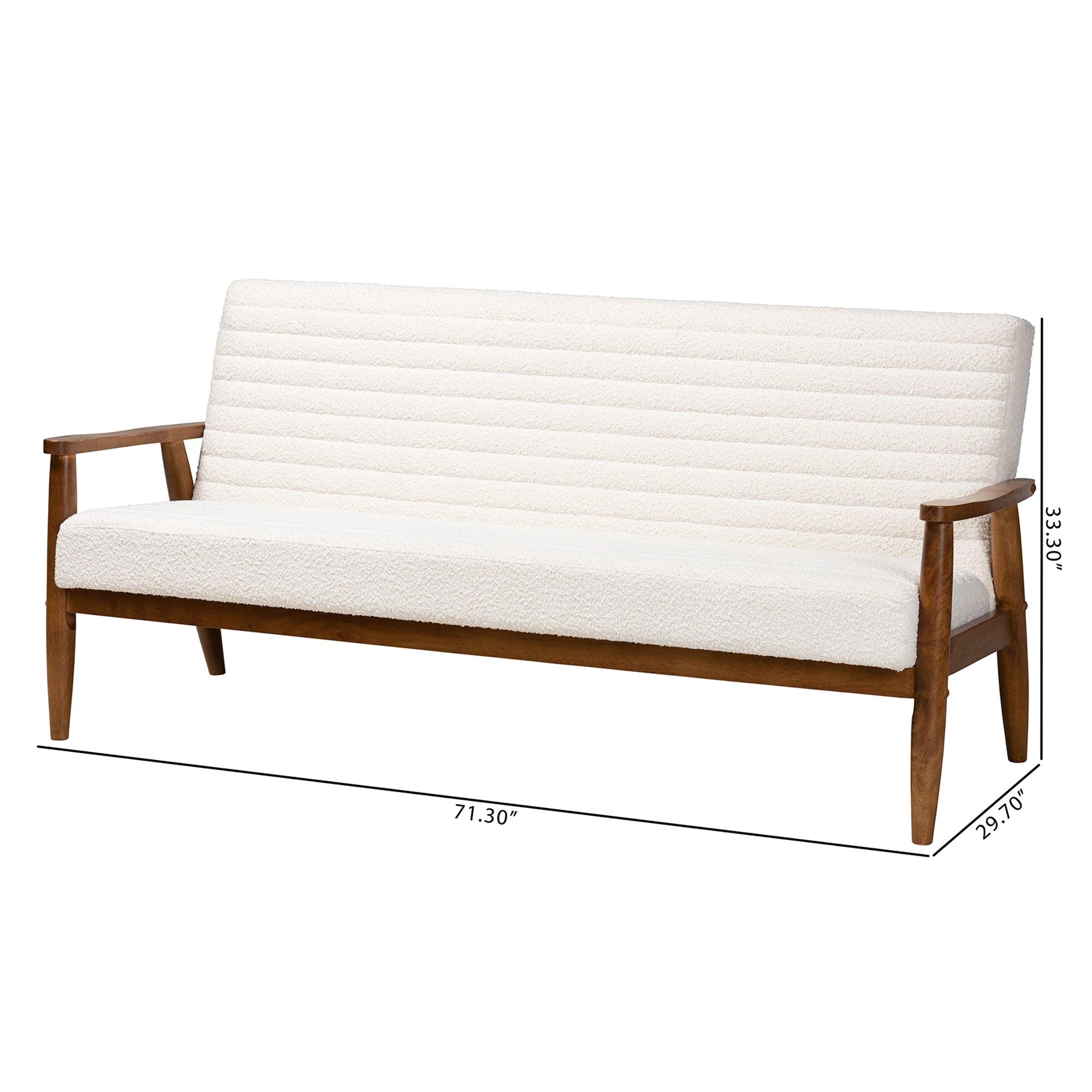 Stratton Mid-Century Modern Cream Boucle Fabric and Finished Wood Sofa