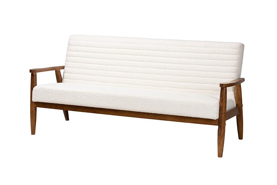 Stratton Mid-Century Modern Cream Boucle Fabric and Finished Wood Sofa