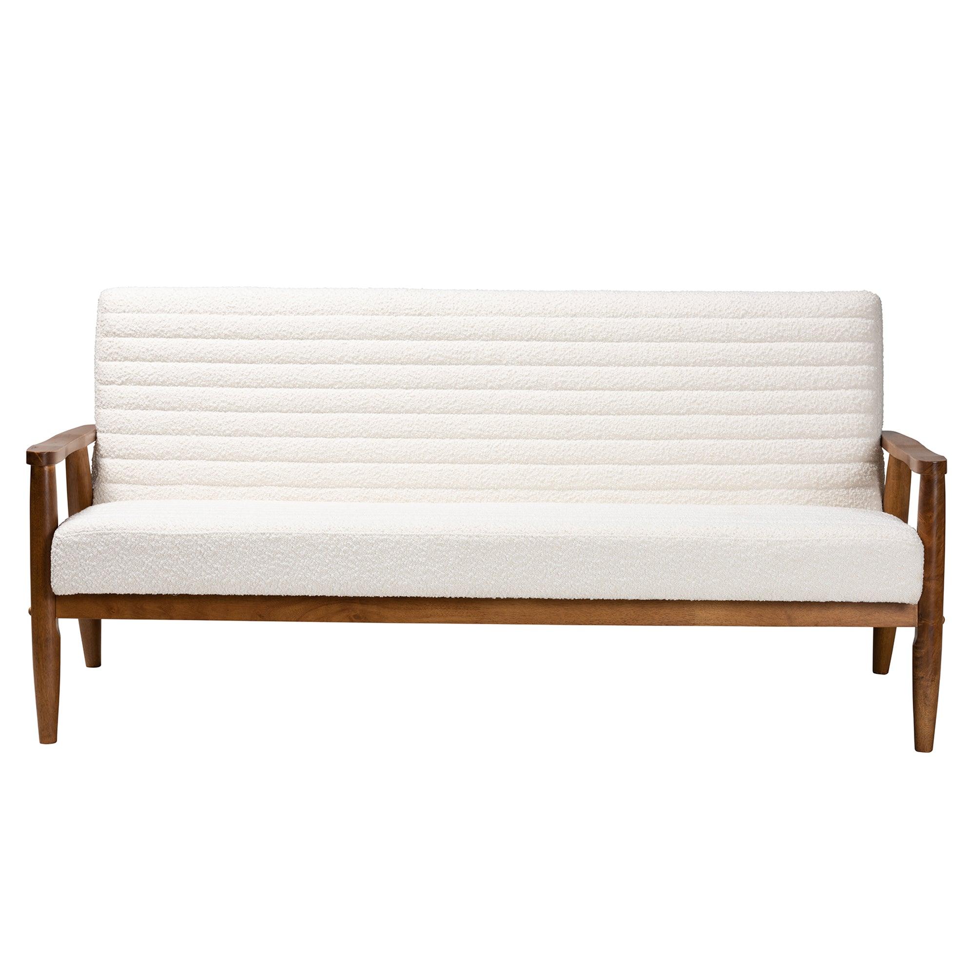 Stratton Mid-Century Modern Cream Boucle Fabric and Finished Wood Sofa