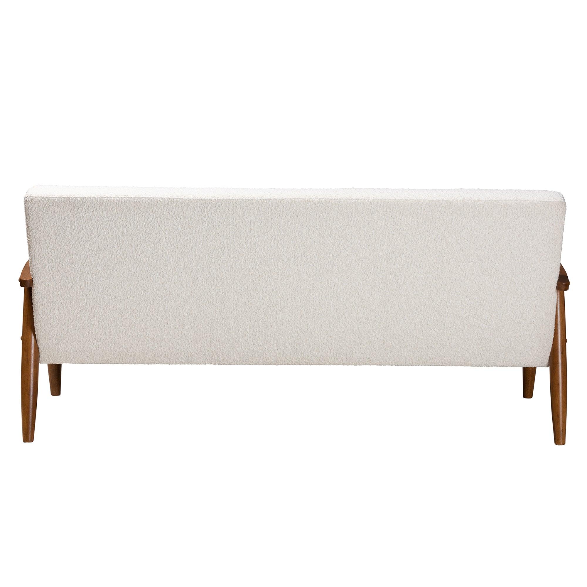 Stratton Mid-Century Modern Cream Boucle Fabric and Finished Wood Sofa