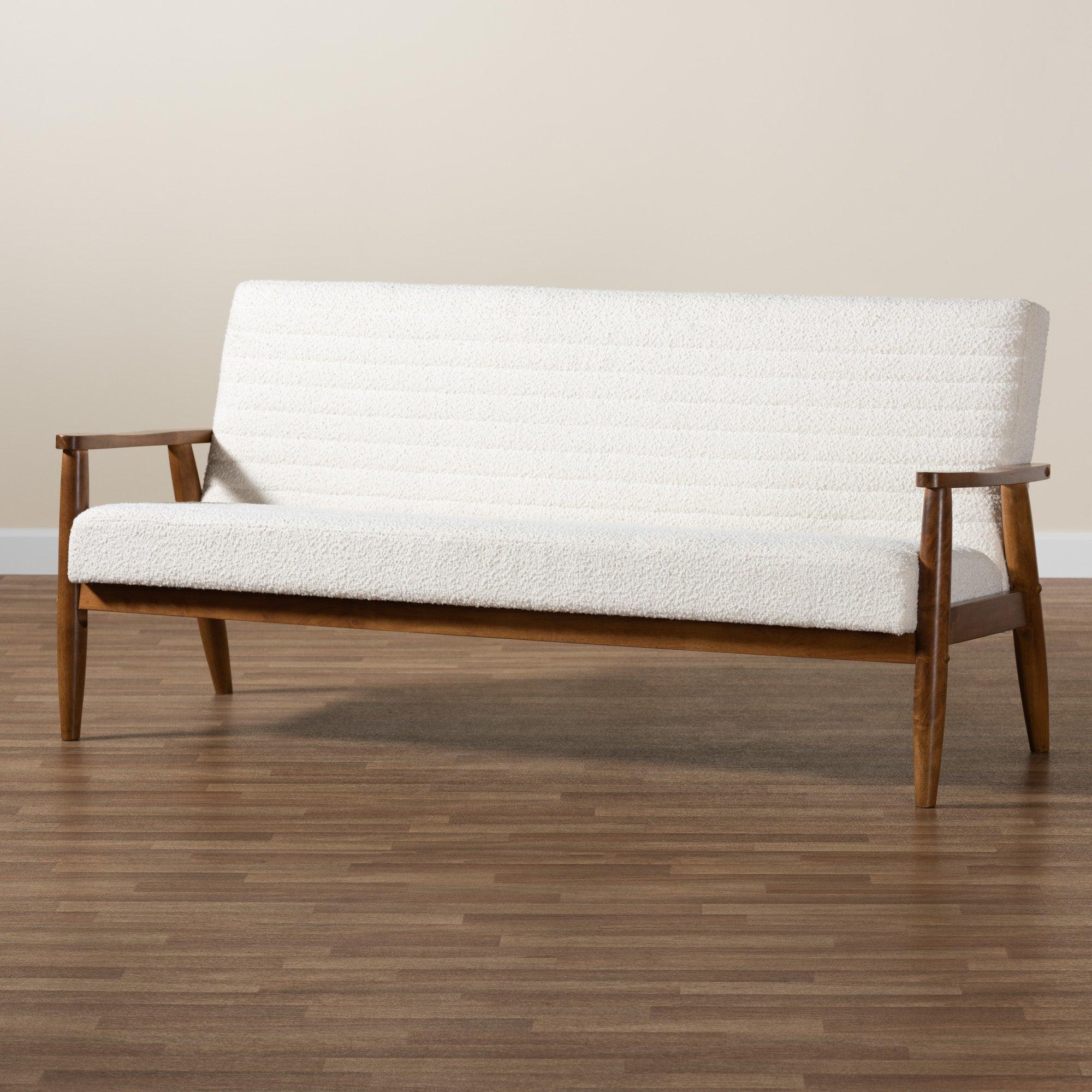 Stratton Mid-Century Modern Cream Boucle Fabric and Finished Wood Sofa