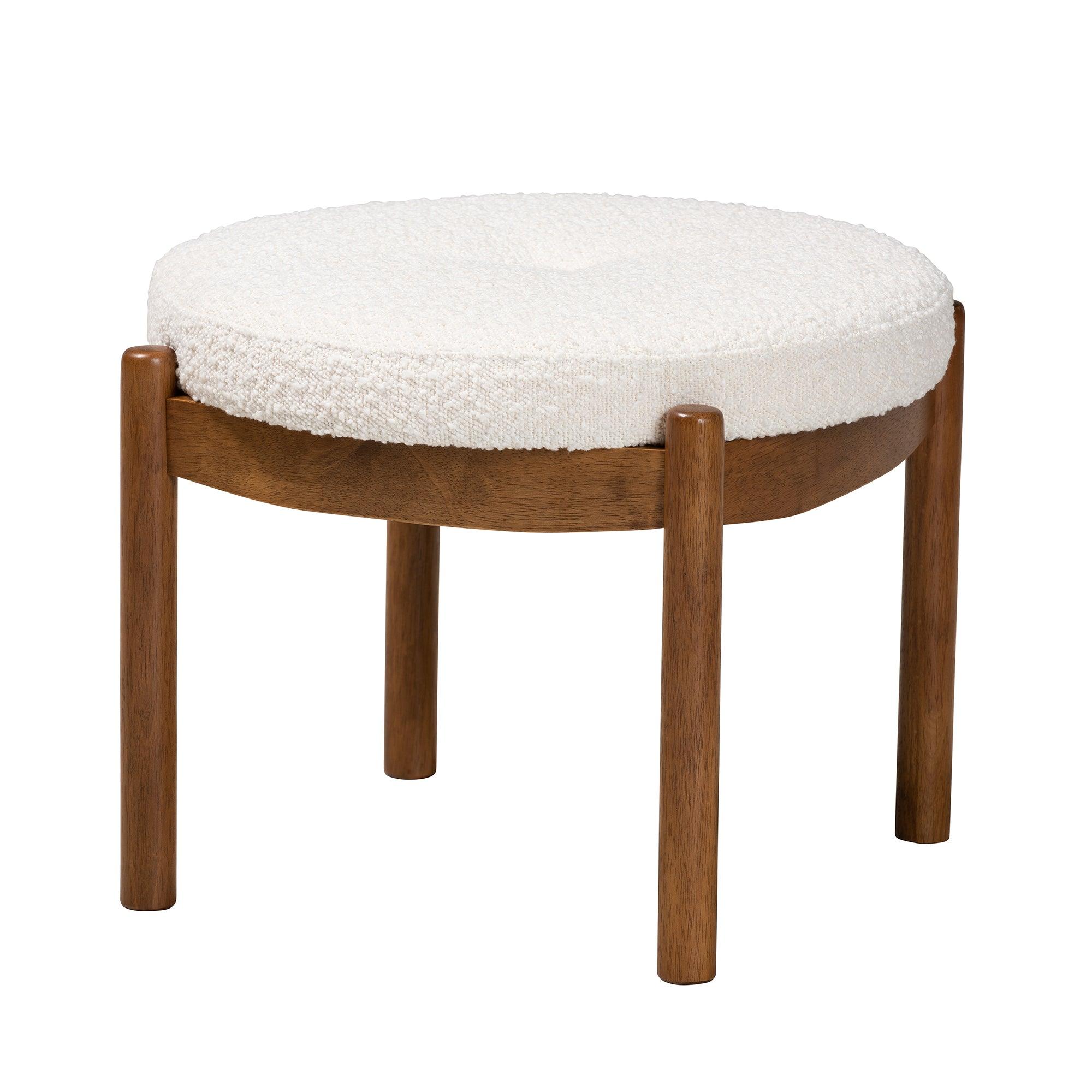 Iliana Japandi Cream Boucle Fabric and Finished Rubberwood Ottoman Footstool