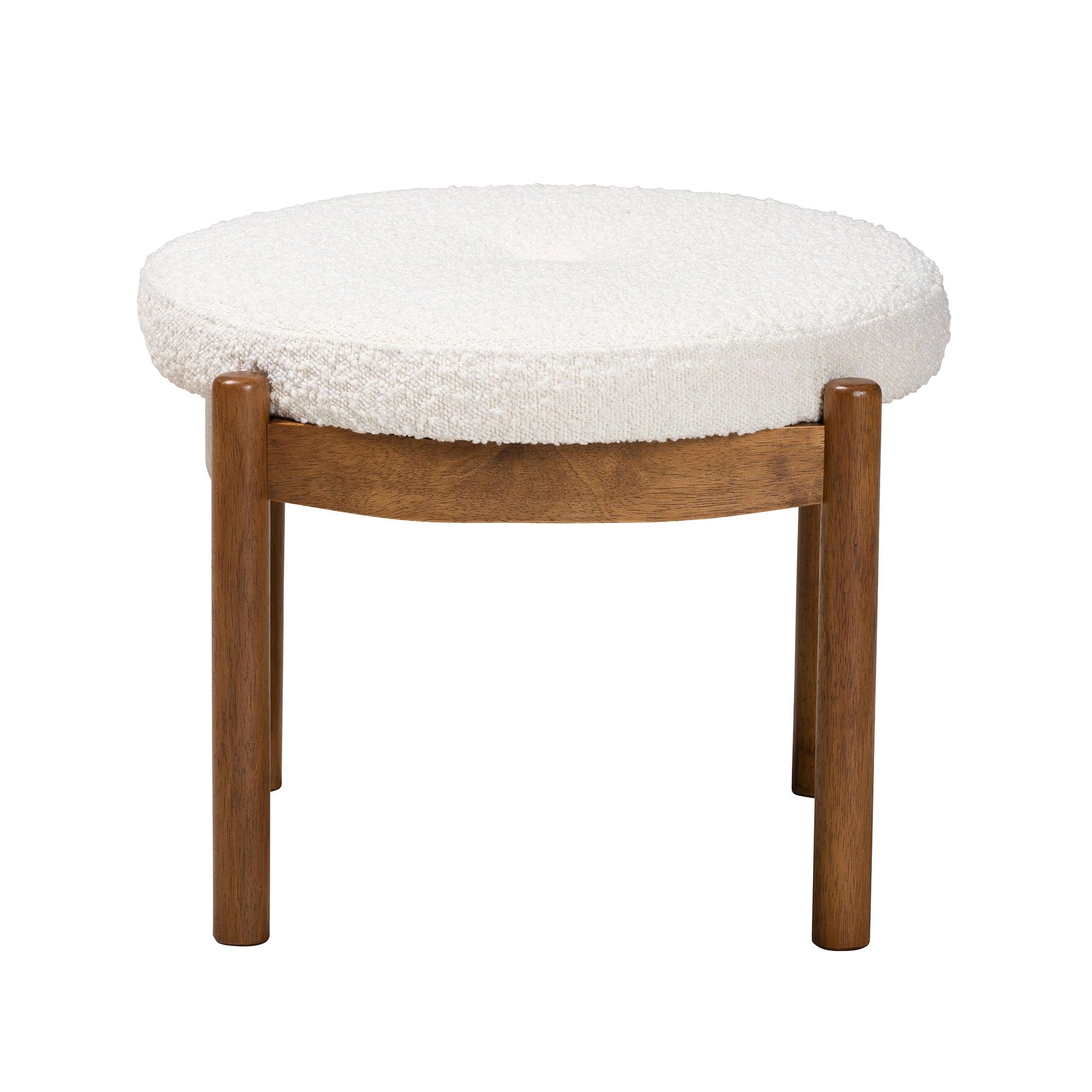 Iliana Japandi Cream Boucle Fabric and Finished Rubberwood Ottoman Footstool