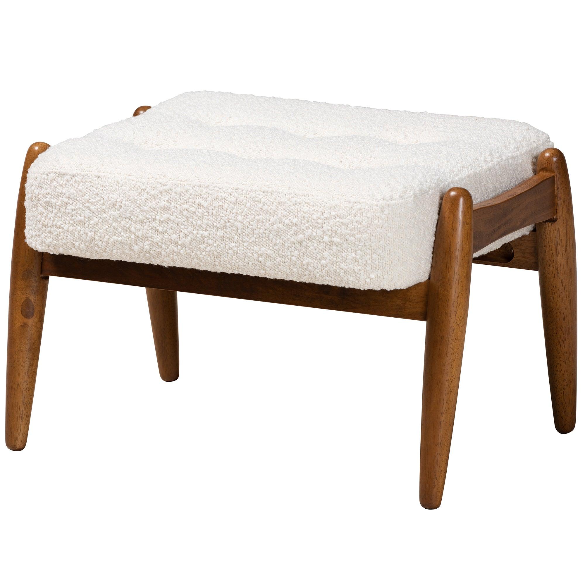 Jeanine Japandi Cream Boucle Fabric and Finished Rubberwood Ottoman Footstool