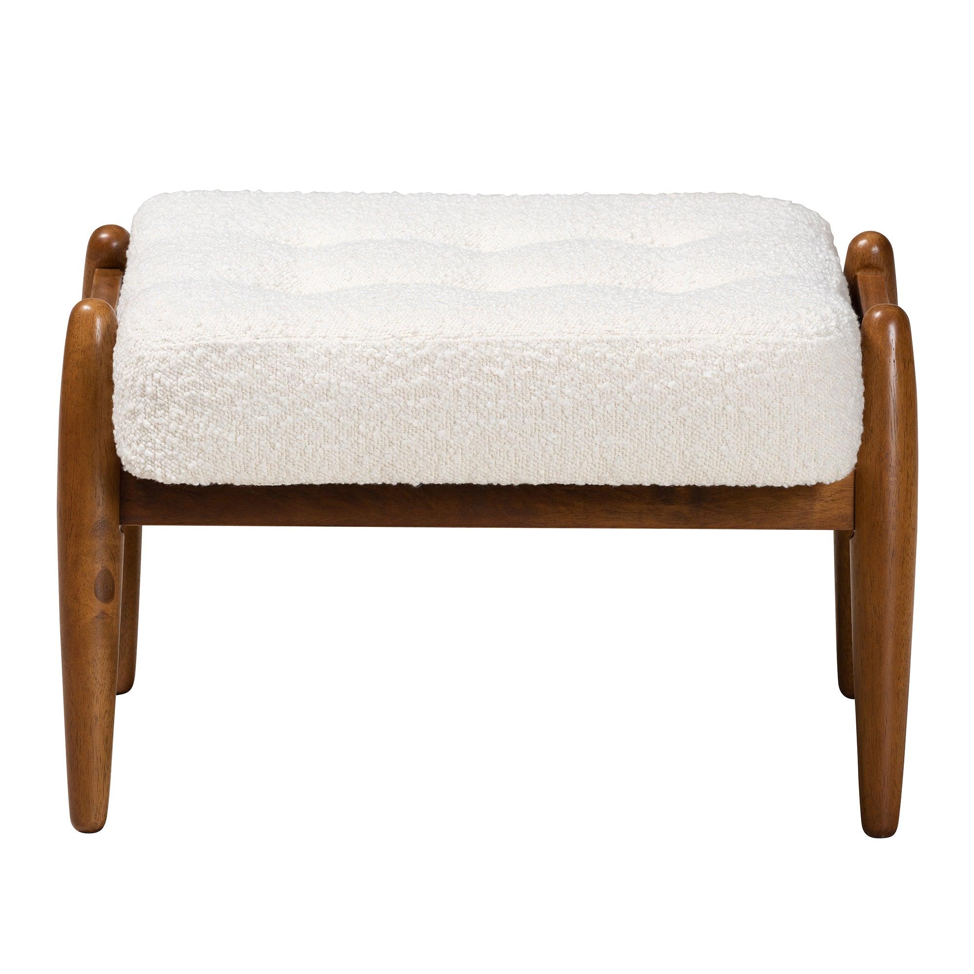 Jeanine Japandi Cream Boucle Fabric and Finished Rubberwood Ottoman Footstool