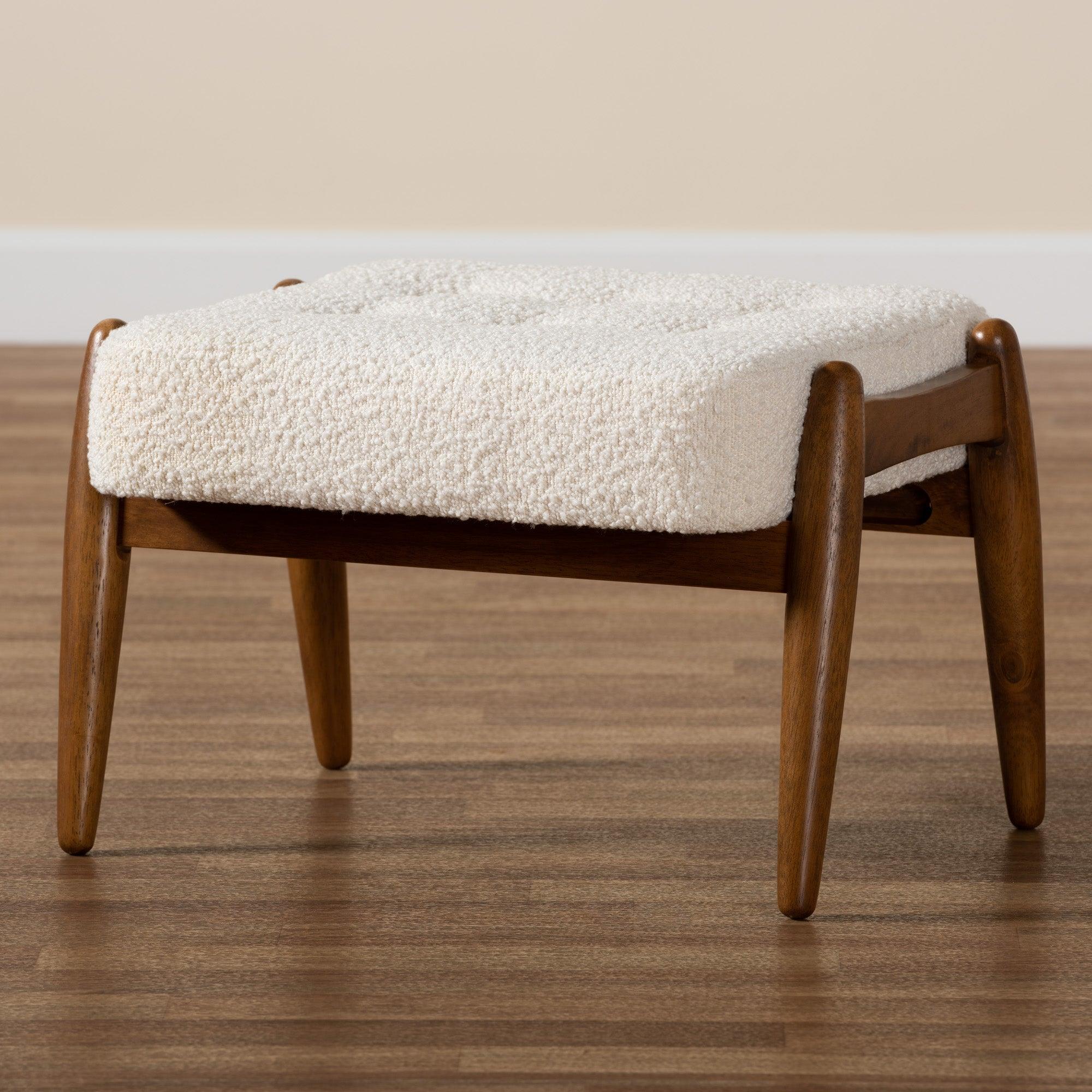 Jeanine Japandi Cream Boucle Fabric and Finished Rubberwood Ottoman Footstool