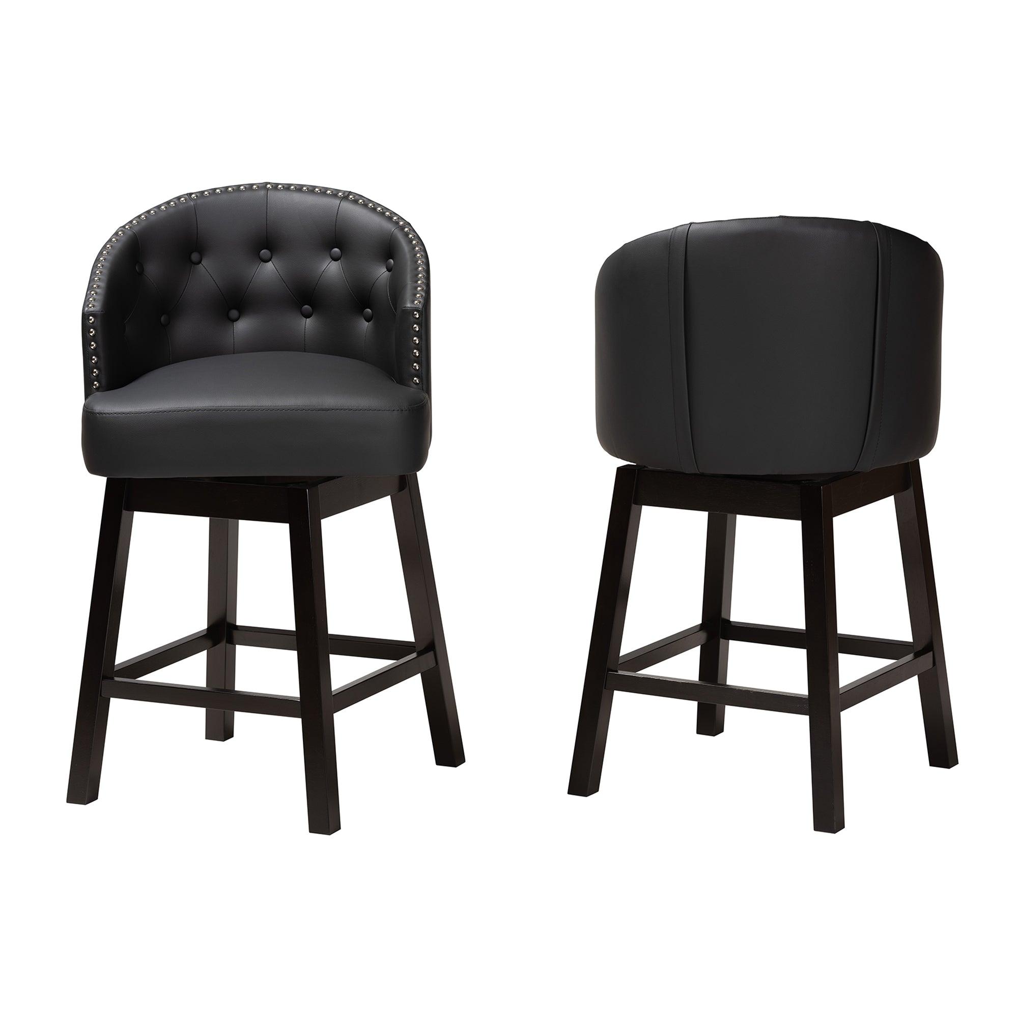 Theron Mid-Century Transitional Faux Leather and Espresso Finished Wood 2-Piece Swivel Counter Stool Set